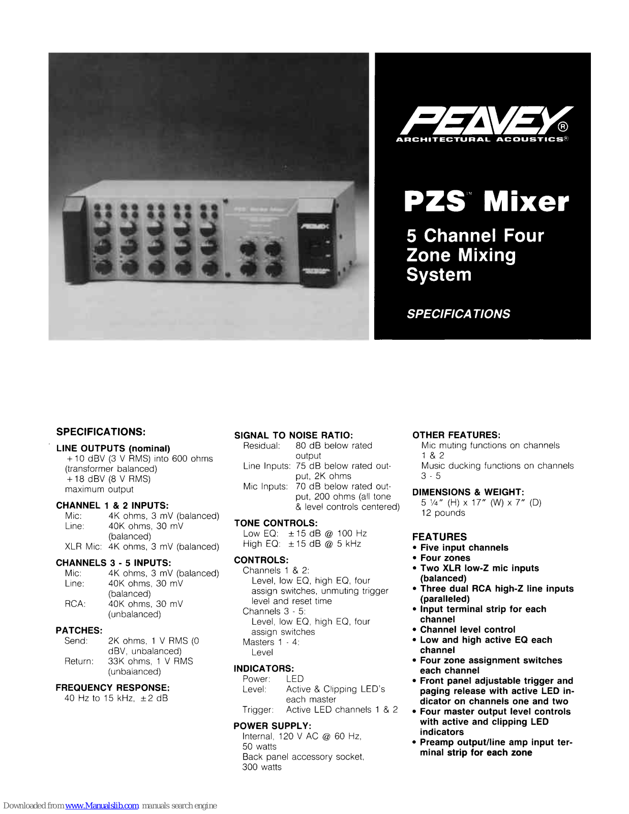 Peavey PZS 140, PZS Specifications