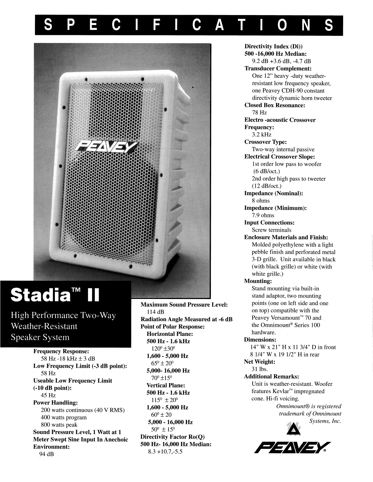 Peavey Stadia II User Manual