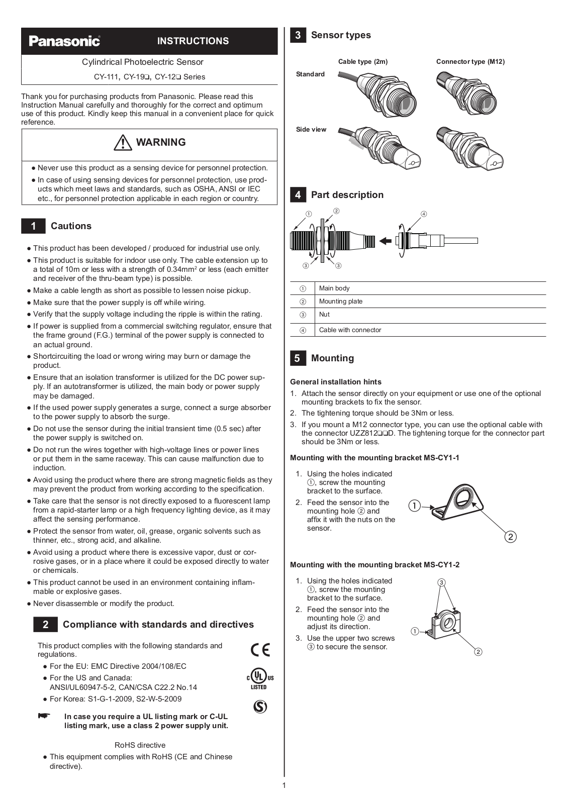 Panasonic CY-192B-P-Y-C, CY-111B-P User guide