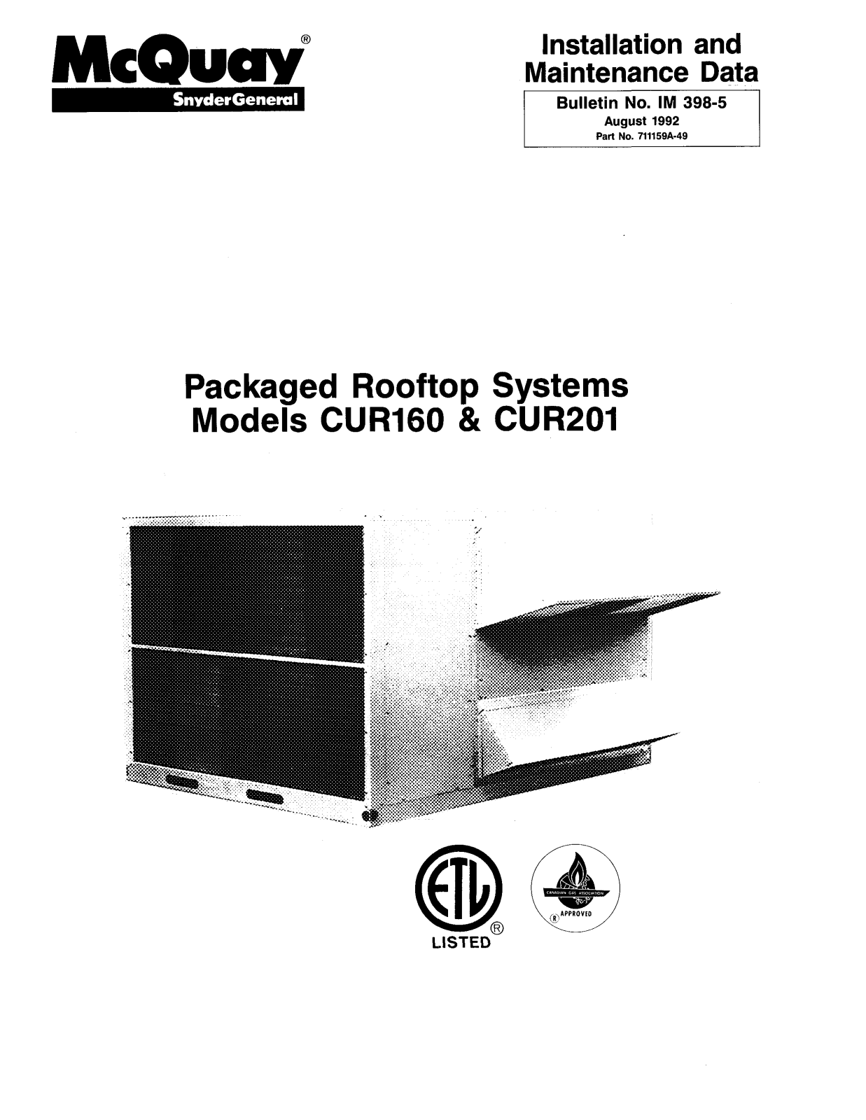 McQuay CUR160 Installation  Manual