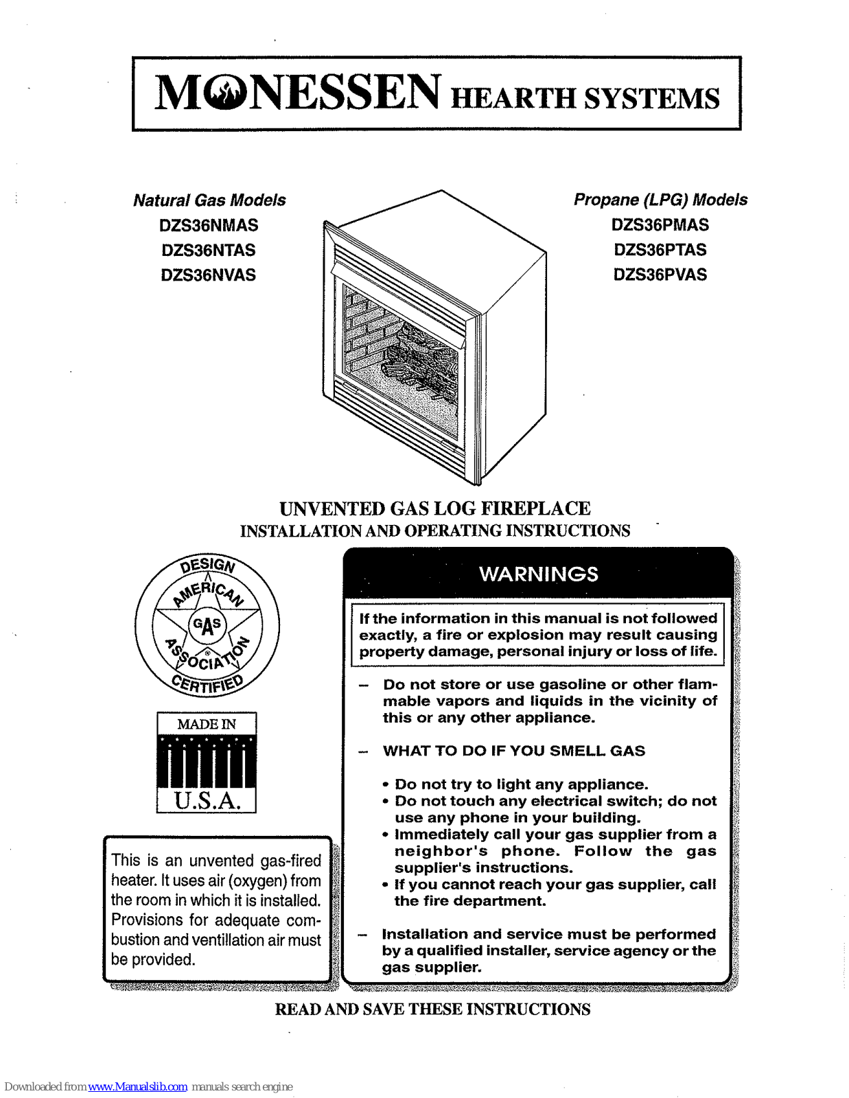 Monessen Hearth DZS36NMAS, DZS36NTAS, DZS36NVAS, DZS36PMAS, DZS36PTAS Installation And Operation Instructions Manual