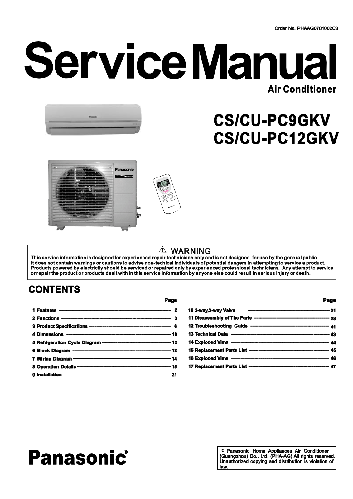 Panasonic CS-PC912GKV, CS-PC9GKV, CU-PC912GKV, CU-PC9GKV Service Manual