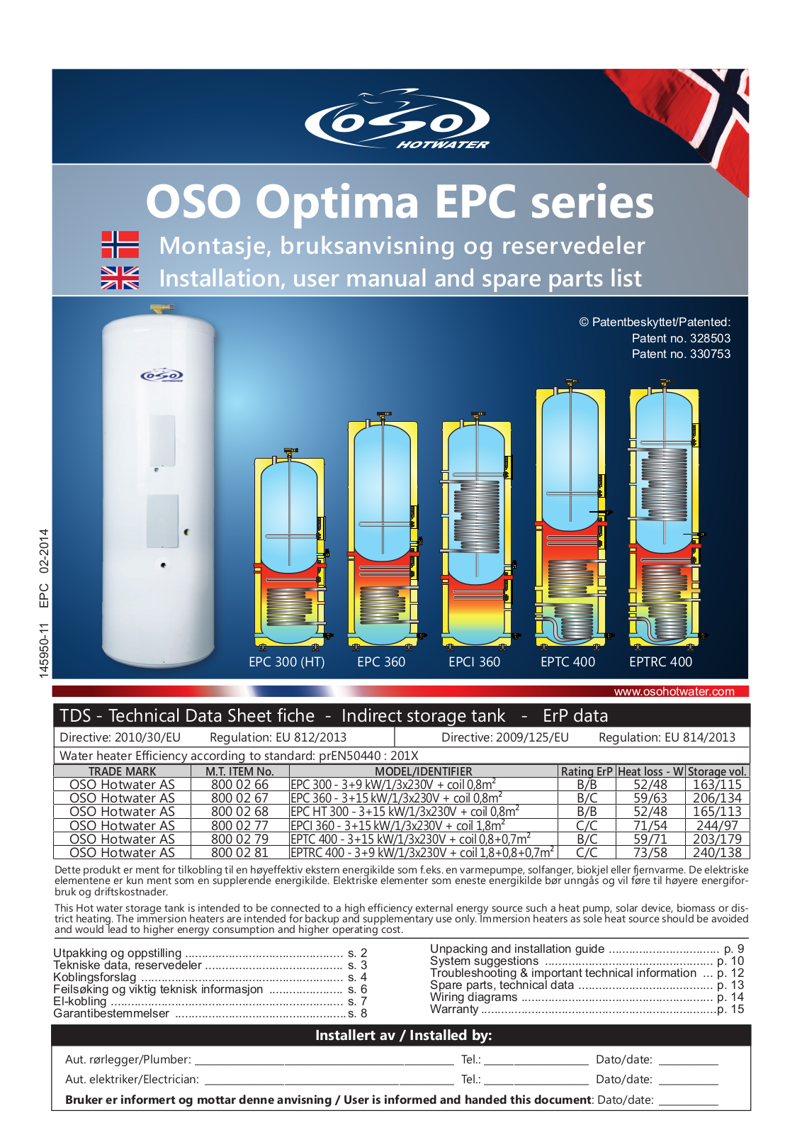 OSO Optima EPC, EPTC 400, EPCI 360, EPC 300 HT, EPC 300 Installation, User Manual And Spare Parts List