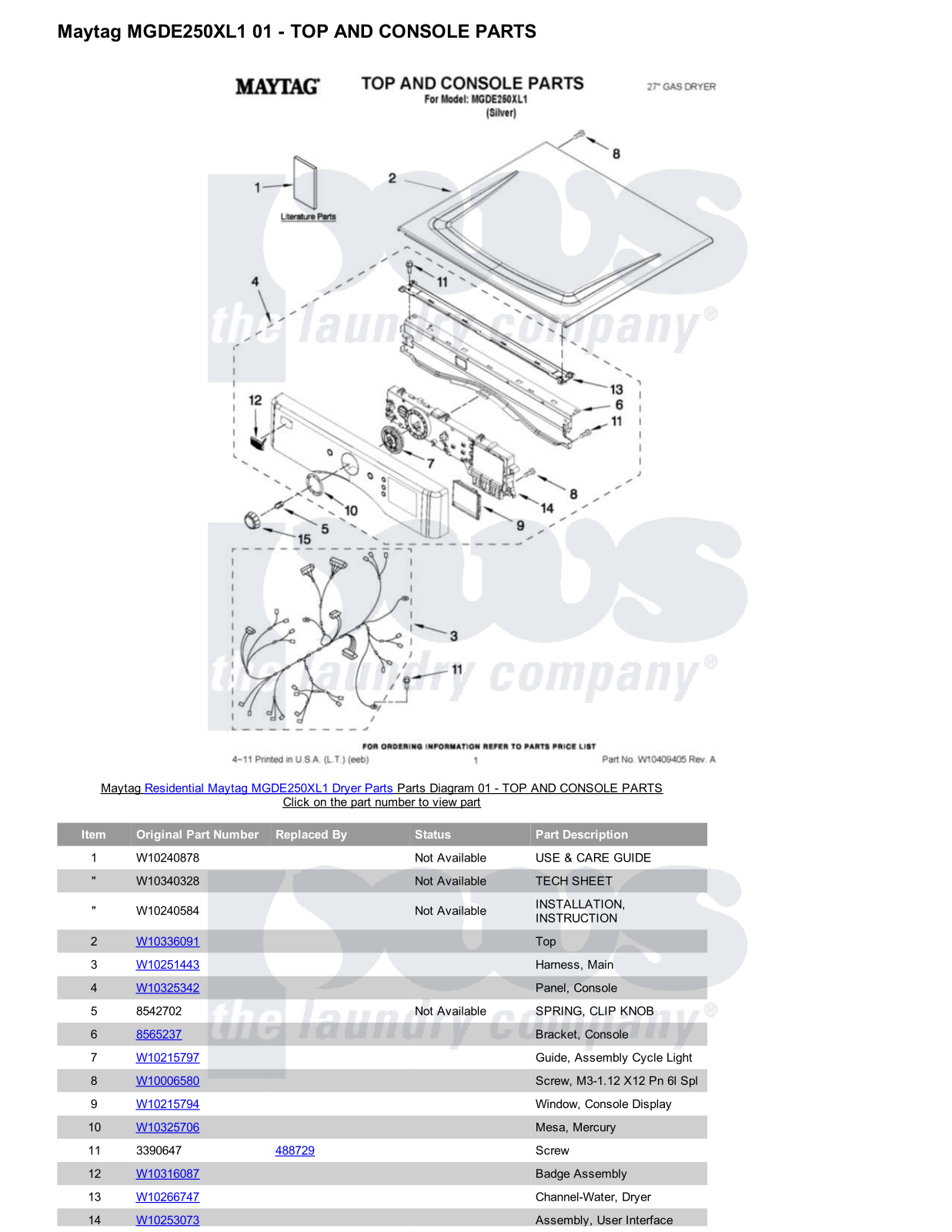 Maytag MGDE250XL1 Parts Diagram