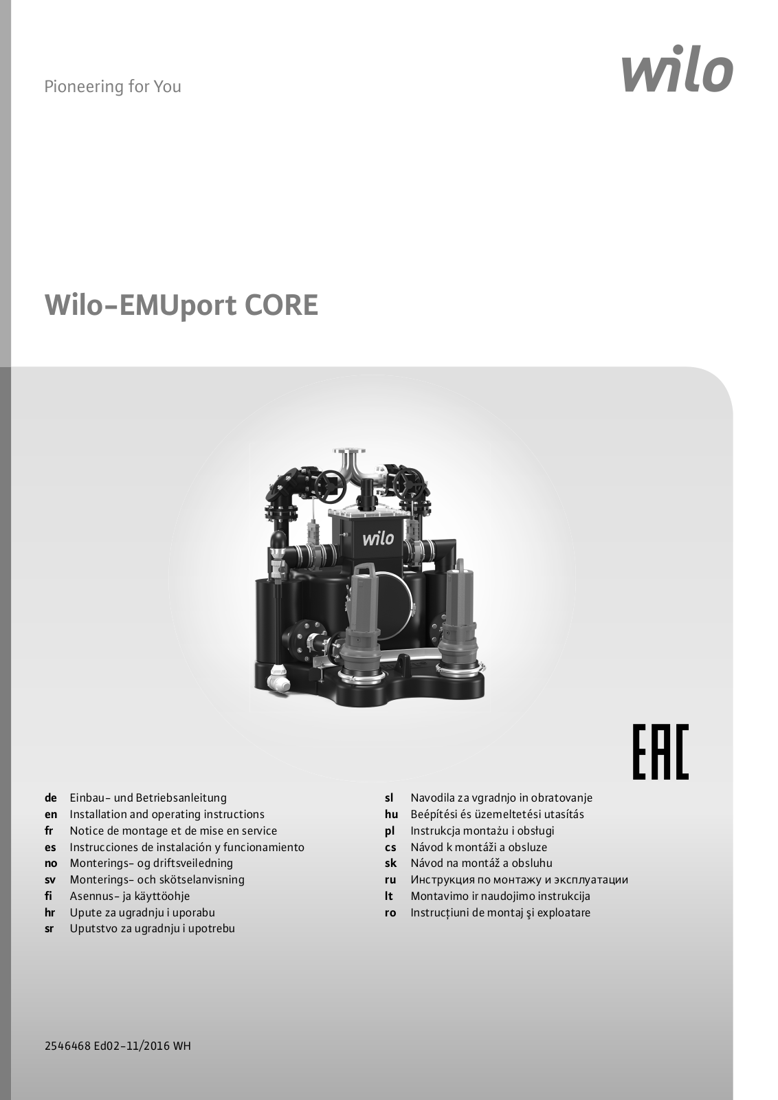 Wilo EMUport CORE 45.2, EMUport CORE 50.2, EMUport CORE 60.2, EMUport CORE 20.2, EMUport CORE Installation And Operating Instructions Manual