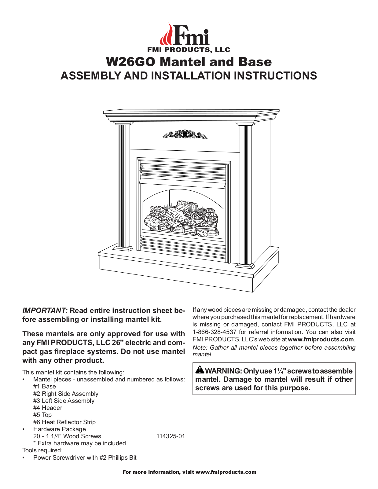 FMI W26GO MANTEL Assembly And Installation Instructions Manual