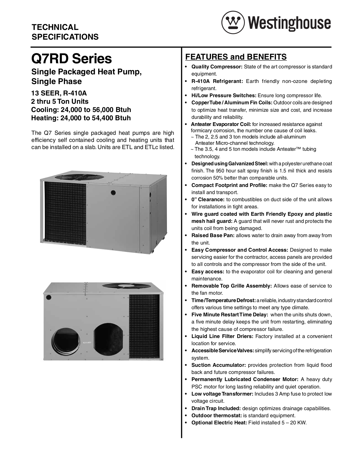 Westinghouse 13 SEER, 7.7 HSPF Q7RD Packaged Technical Literature