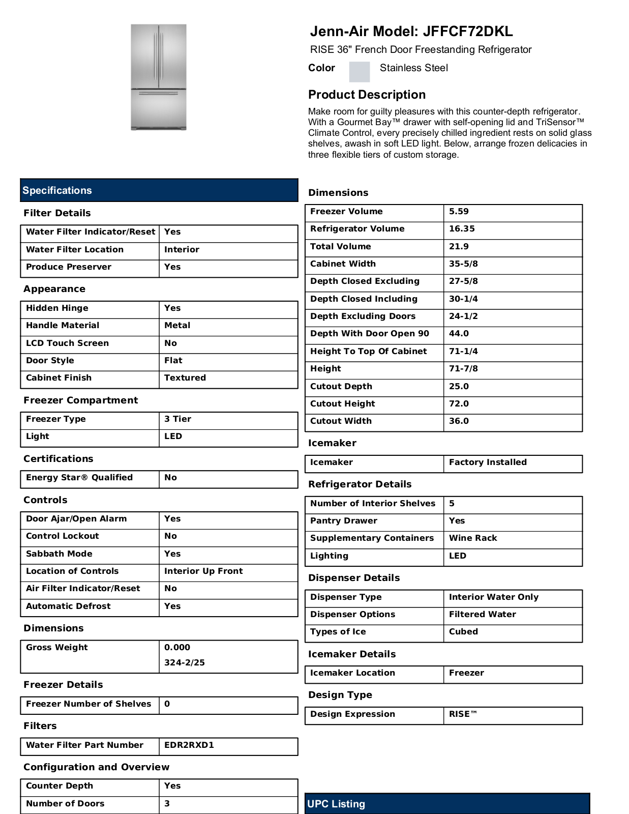 Jenn-Air JFFCF72DKL Specifications