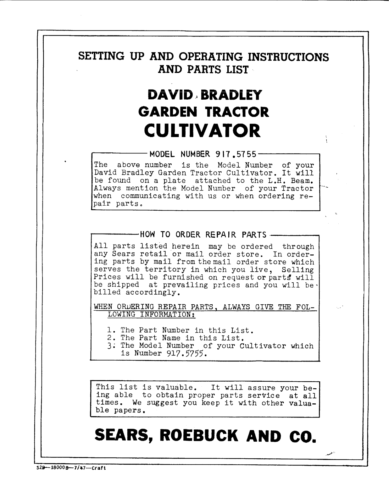 David Bradley 917.5755 Operating instructions