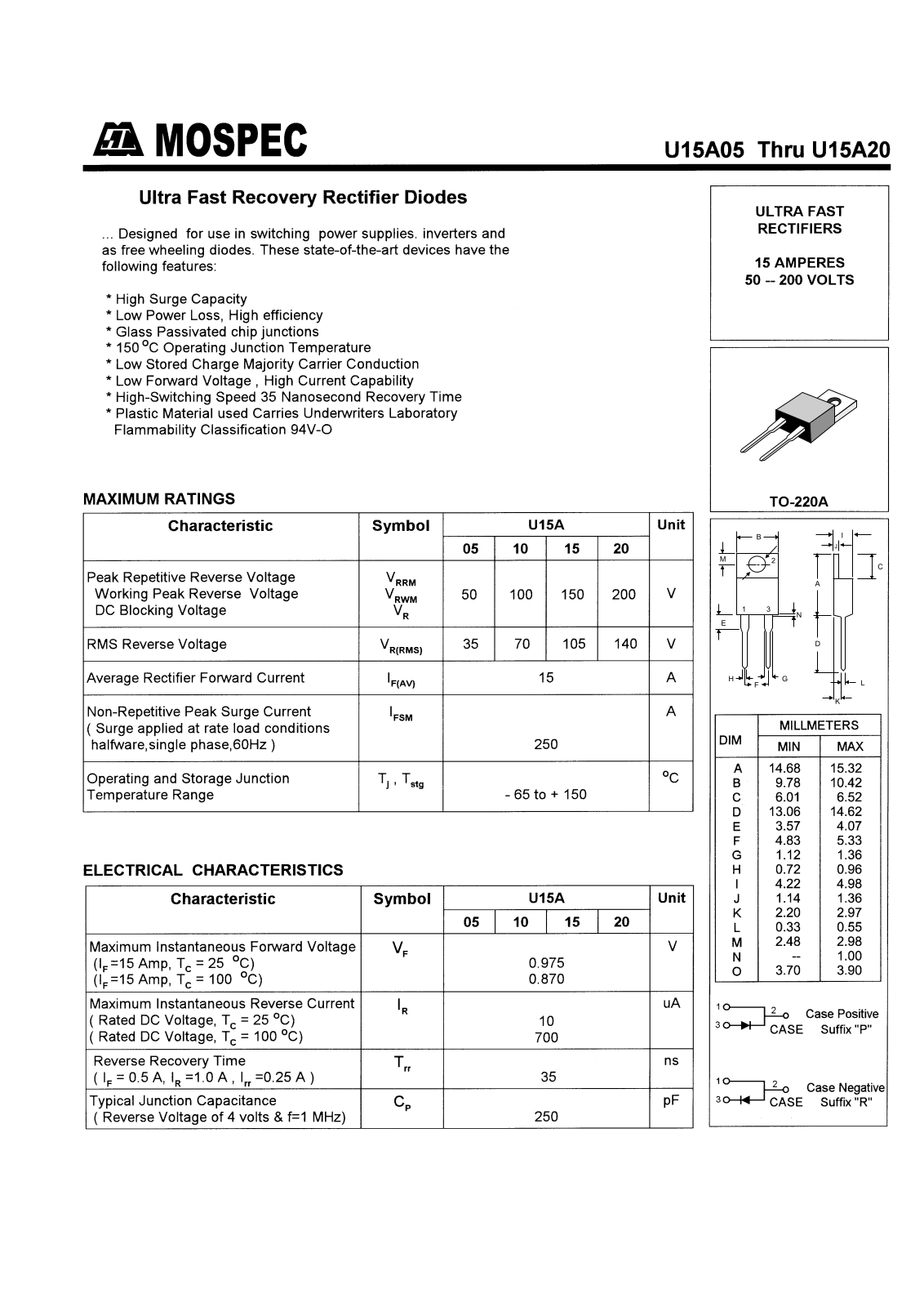 MOSPEC U15A20, U15A15, U15A10, U15A05 Datasheet