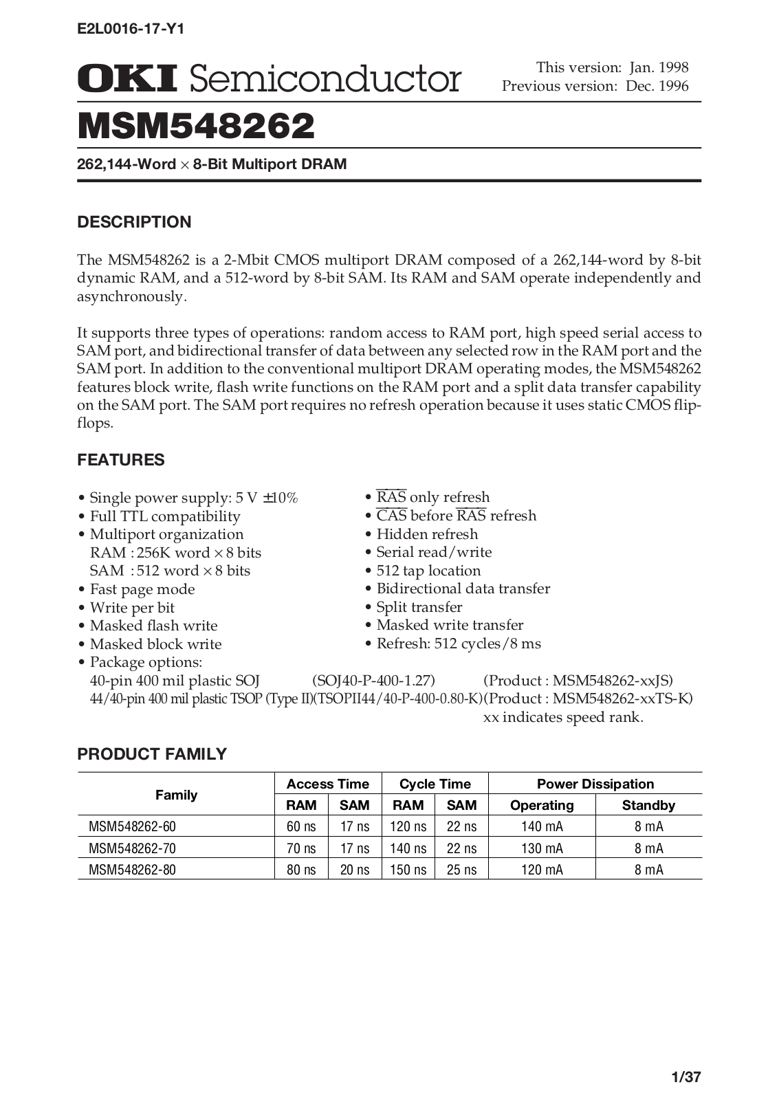 OKI MSM548262-80JS, MSM548262-60JS, MSM548262-60TS-K, MSM548262-70JS, MSM548262-80TS-K Datasheet