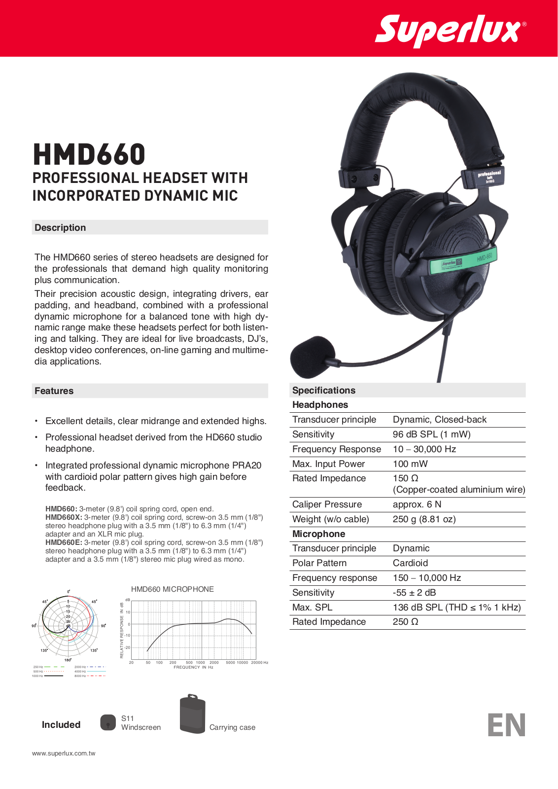 Superlux HMD660, HMD660X, HMD660E Specifications