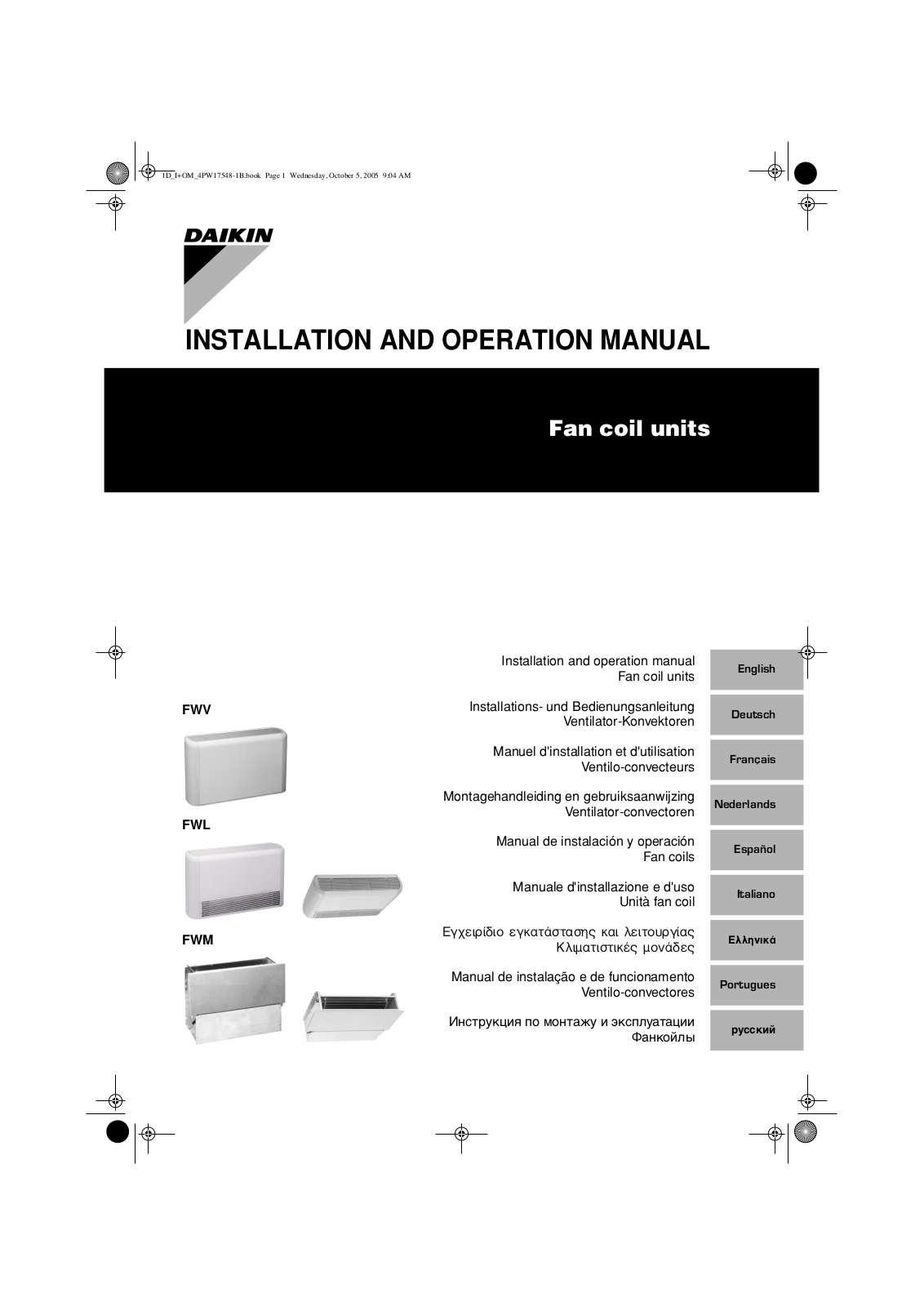 Daikin FWV, FWL, FWM Operation manuals