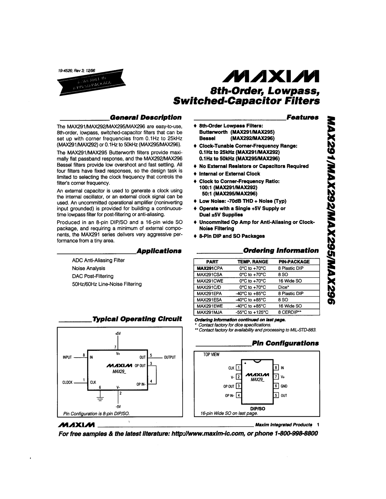 Maxim MAX296MJA, MAX296EWE, MAX291MJA, MAX291EWE, MAX291ESA Datasheet