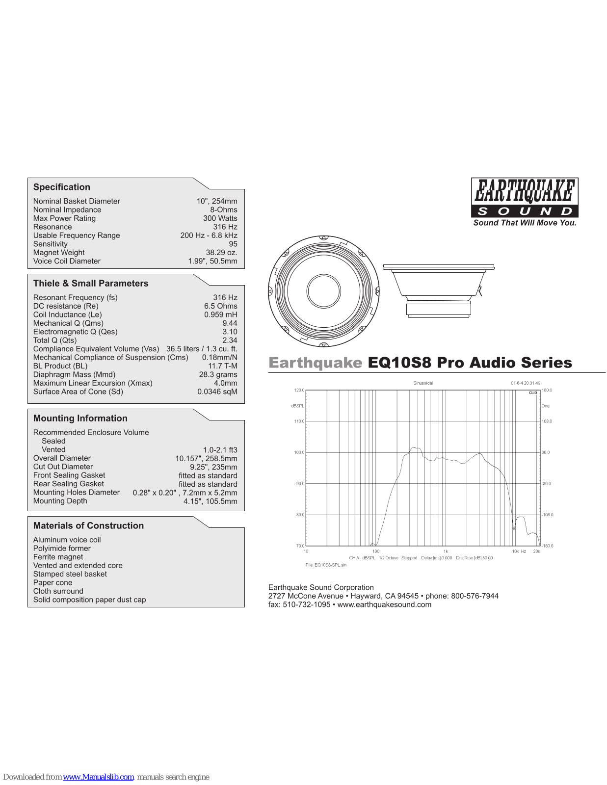 EarthQuake EQ10S8 Pro Audio Series Specification