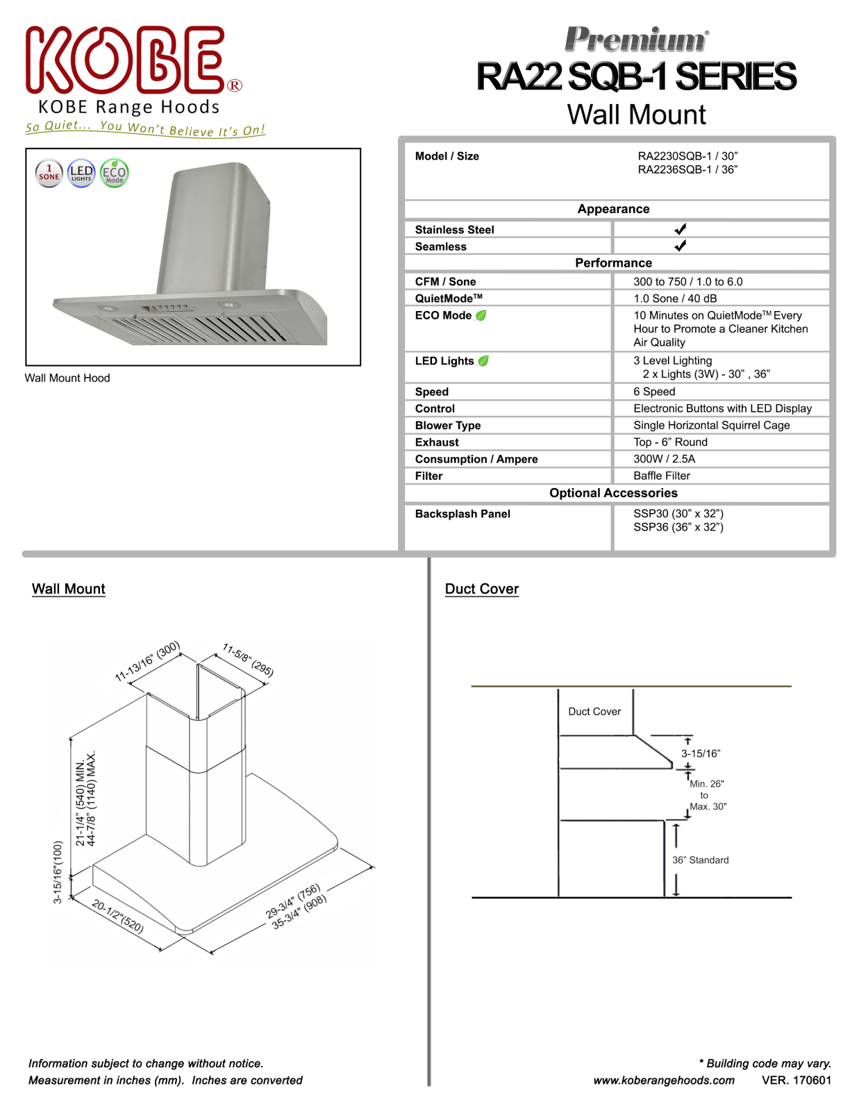 Kobe RA2236SQB1 Specifications