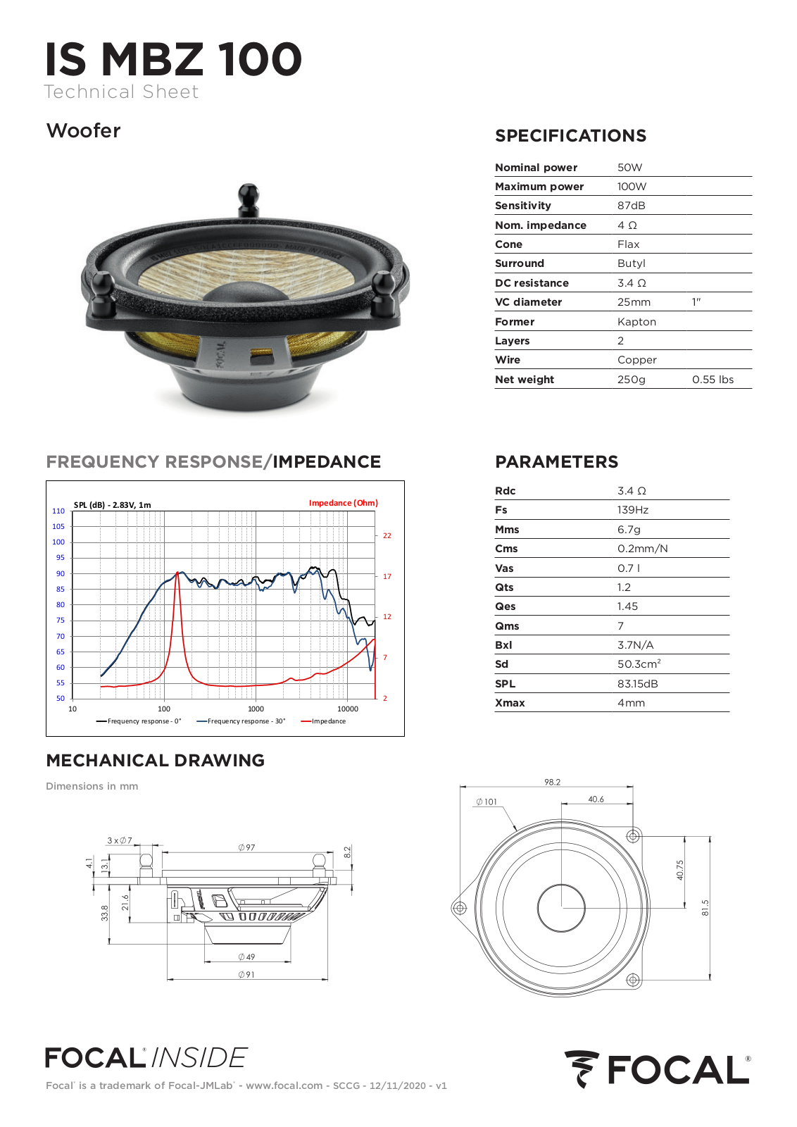 Focal IS MBZ 100 Woofer Technical Sheet