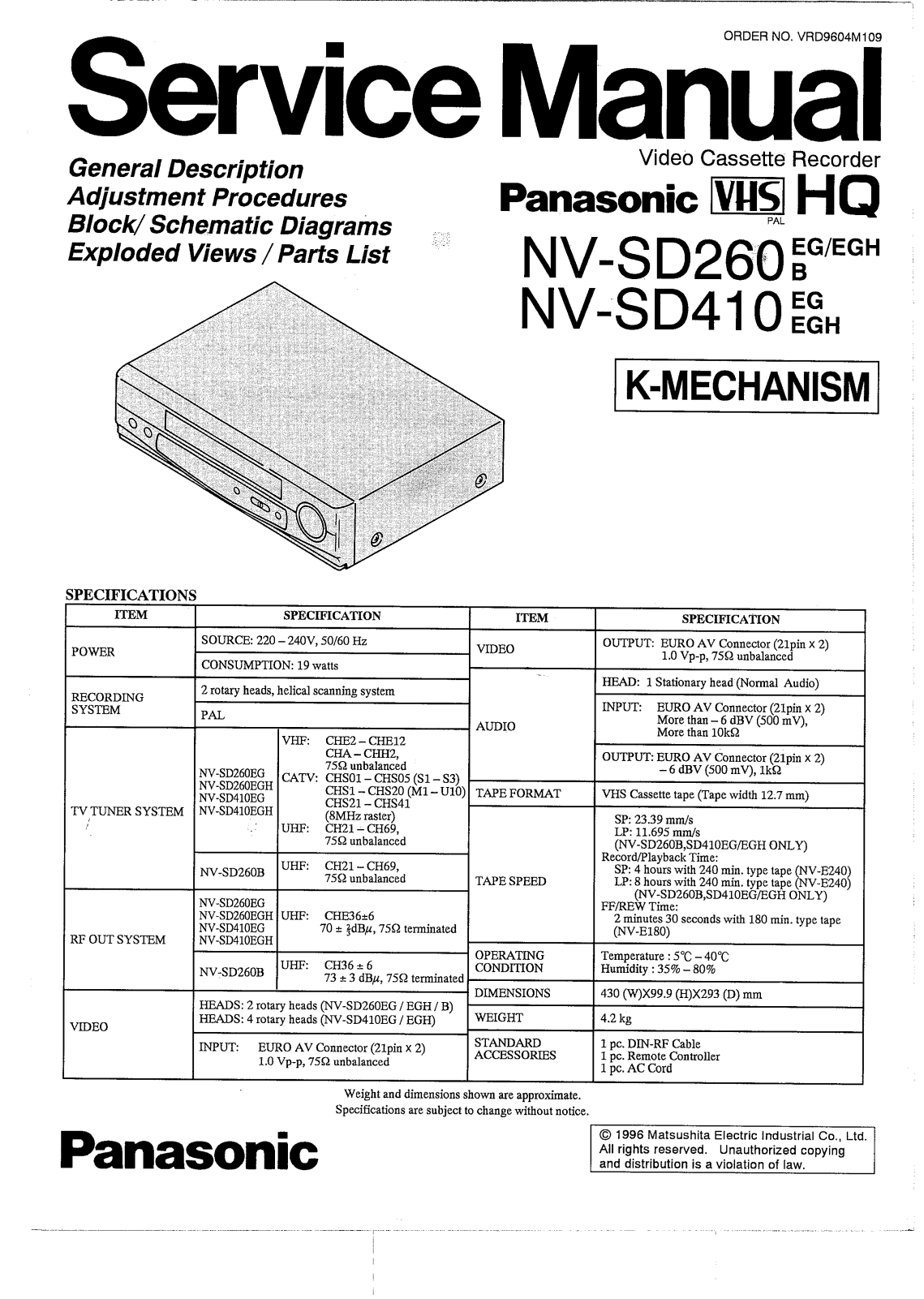 PANASONIC NV-Sd260, NV-410 Service Manual