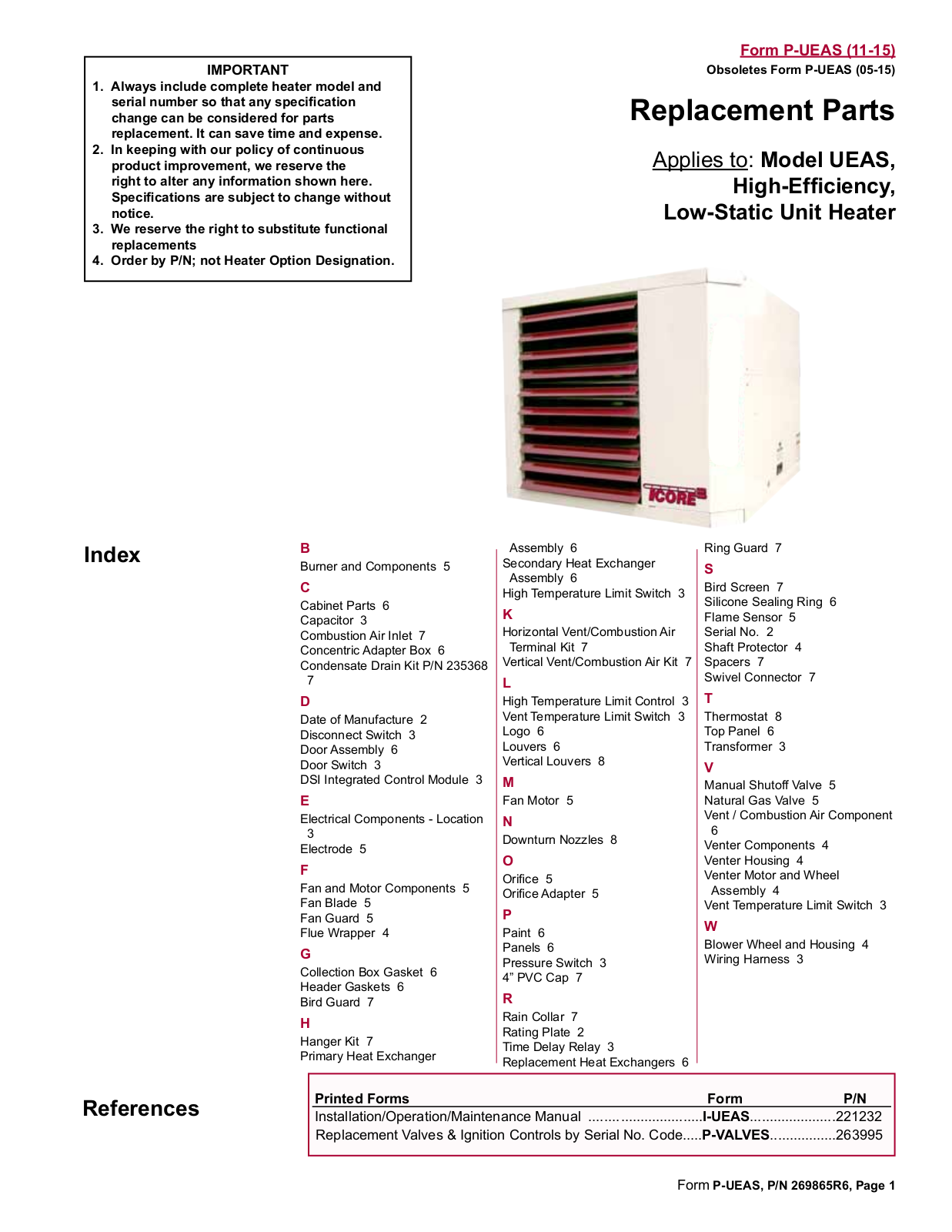 Reznor UEAS-180 Parts List