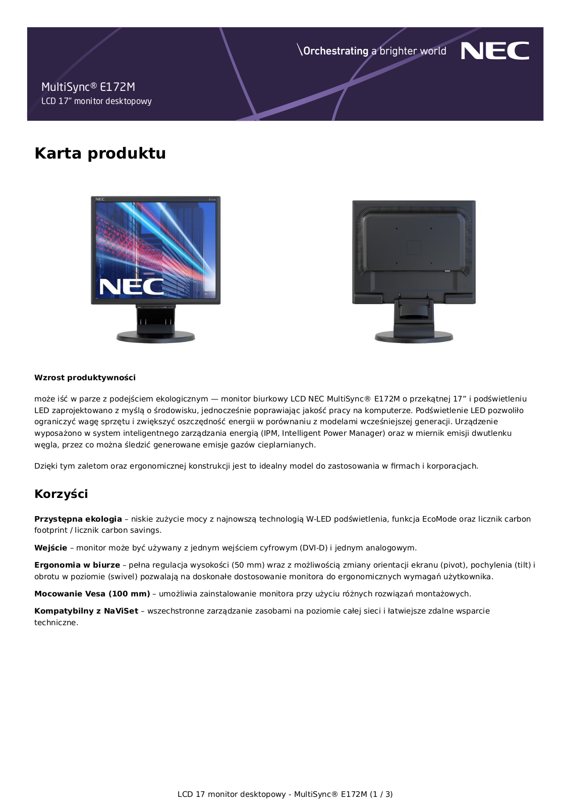 NEC E172M-BK Karta produktu