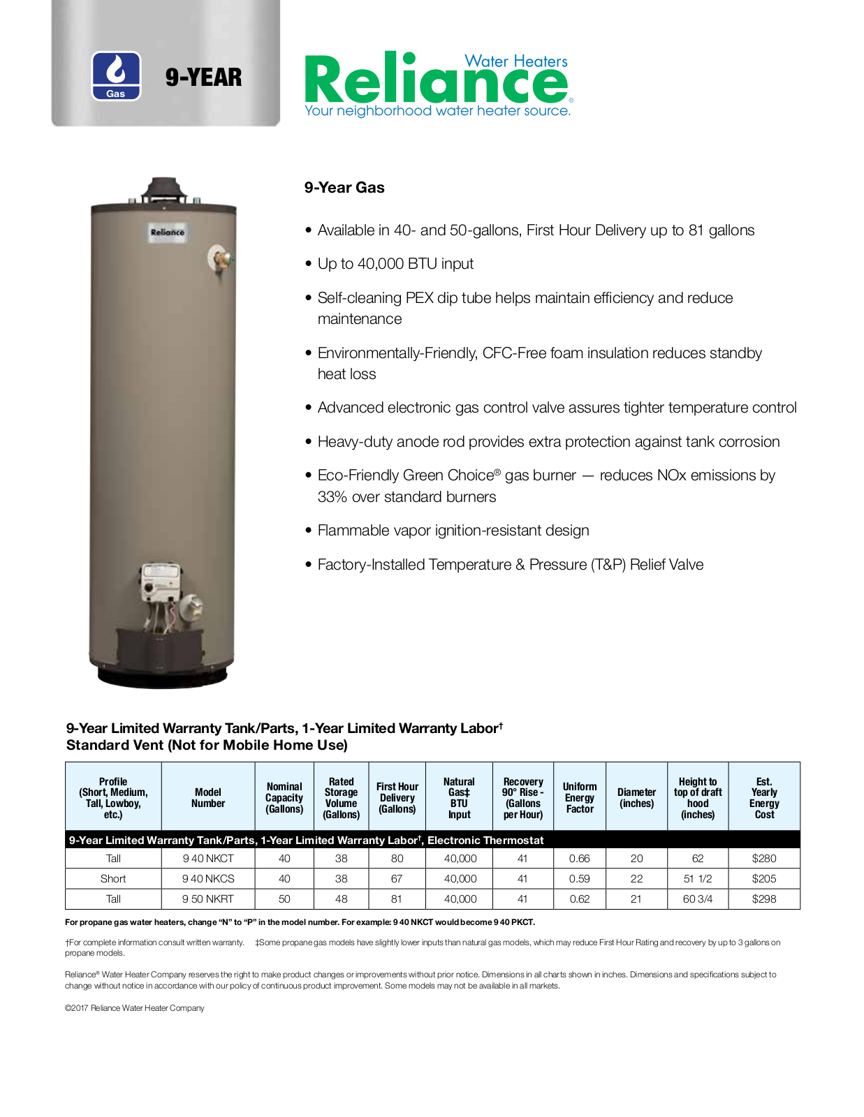 Reliance 9 40 NKCT, 9 40 NKCS, 9 50 NKRT Specifications