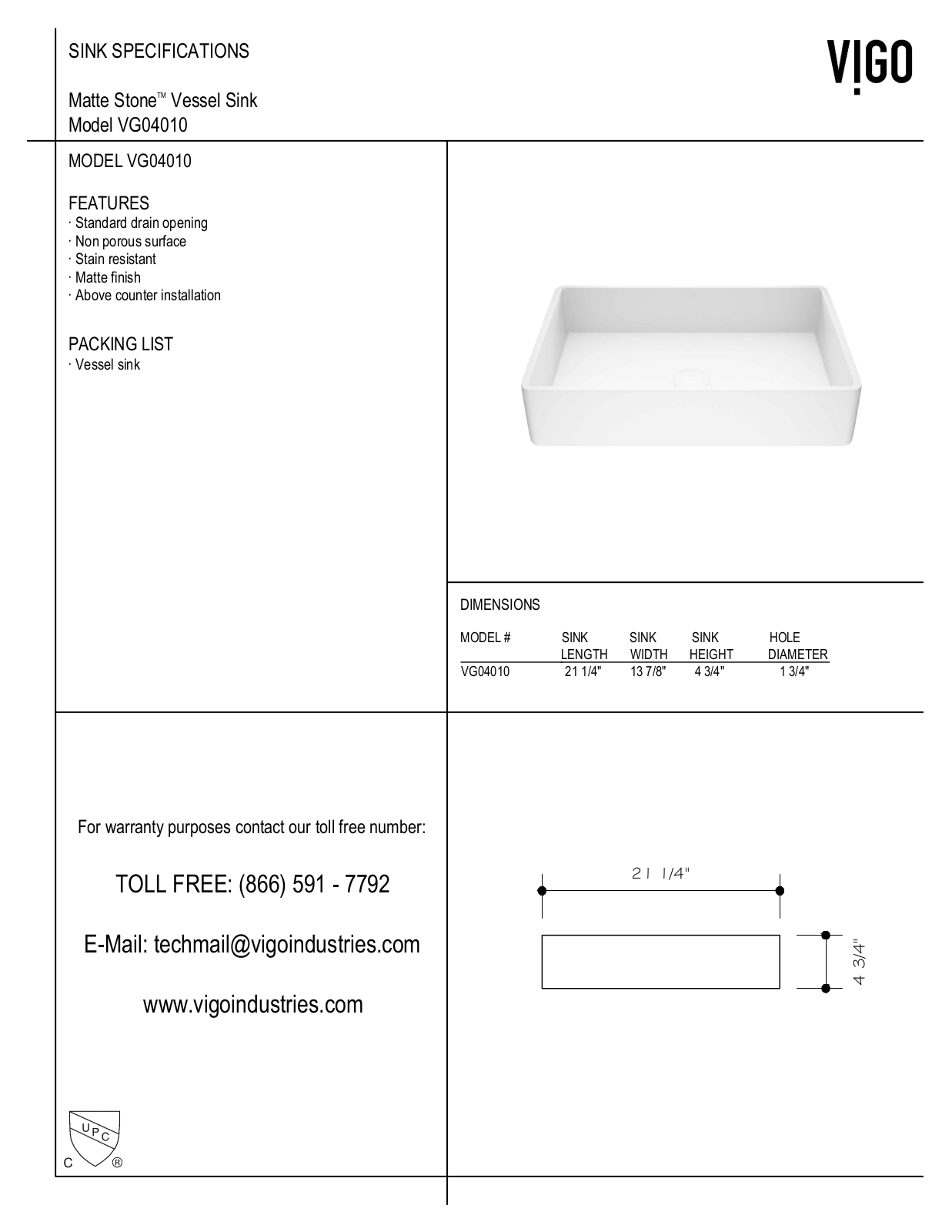 Vigo VGT1232, VGT1230, VGT1231, VG04010, VGT1233 Specifications