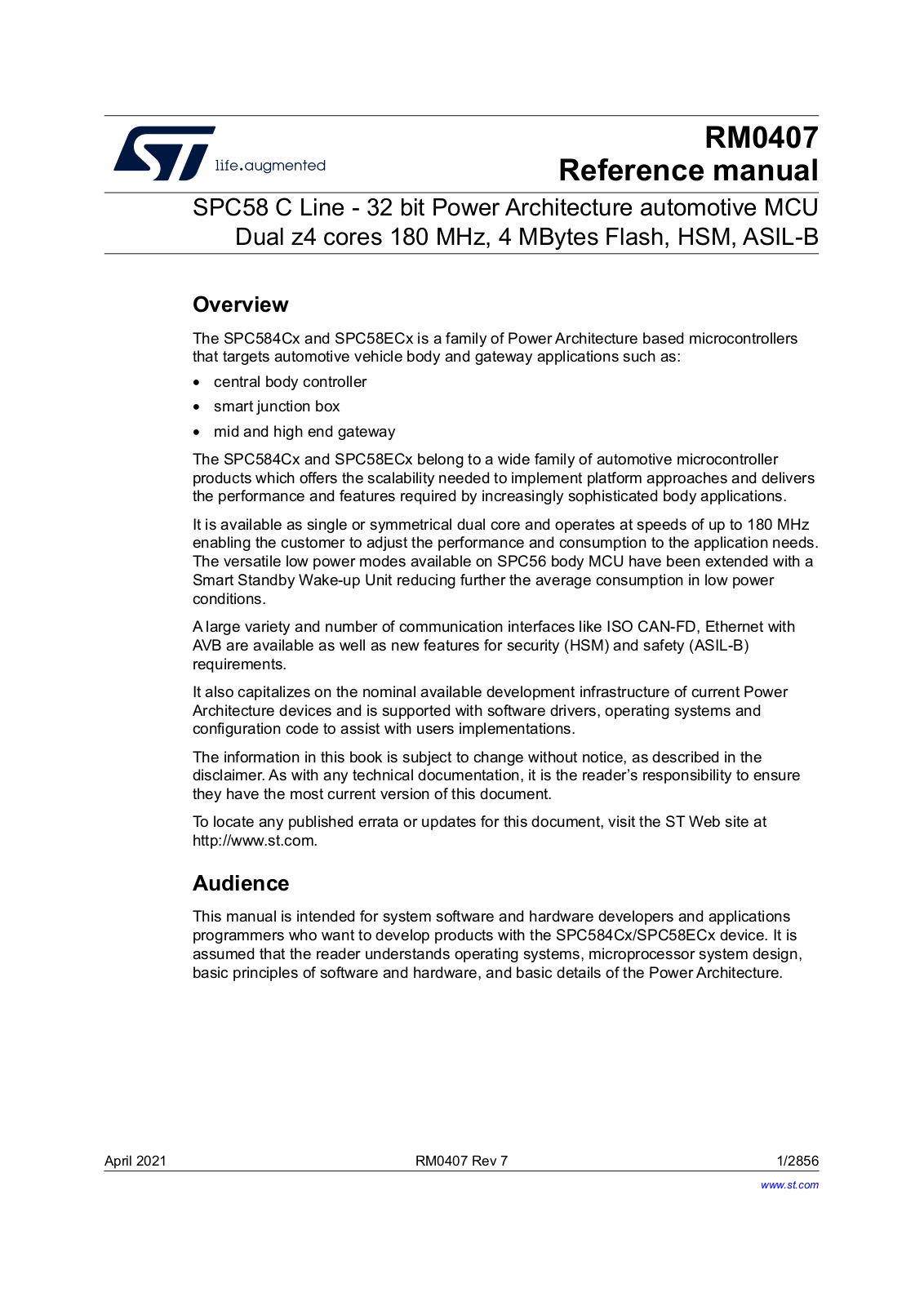 STMicroelectronics RM0407 Reference manual