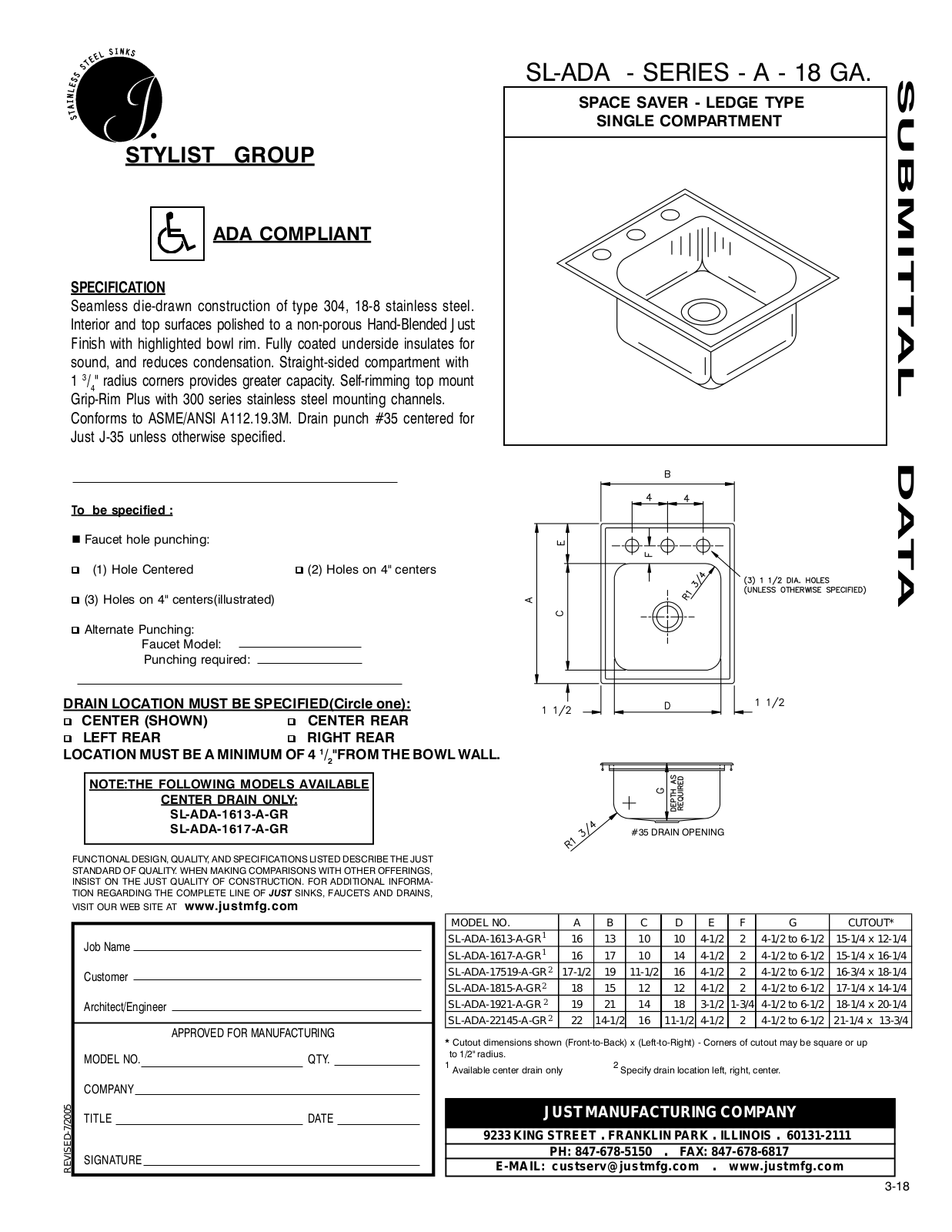 Just Manufacturing SL-ADA-1613-A-GR, SL-ADA-1617-A-GR, SL-ADA-17519-A-GR, SL-ADA-1815-A-GR, SL-ADA-1921-A-GR User Manual