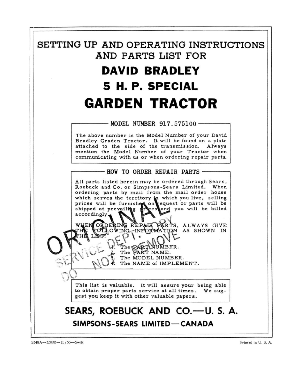 David Bradley 917.575100 Operating Instruction