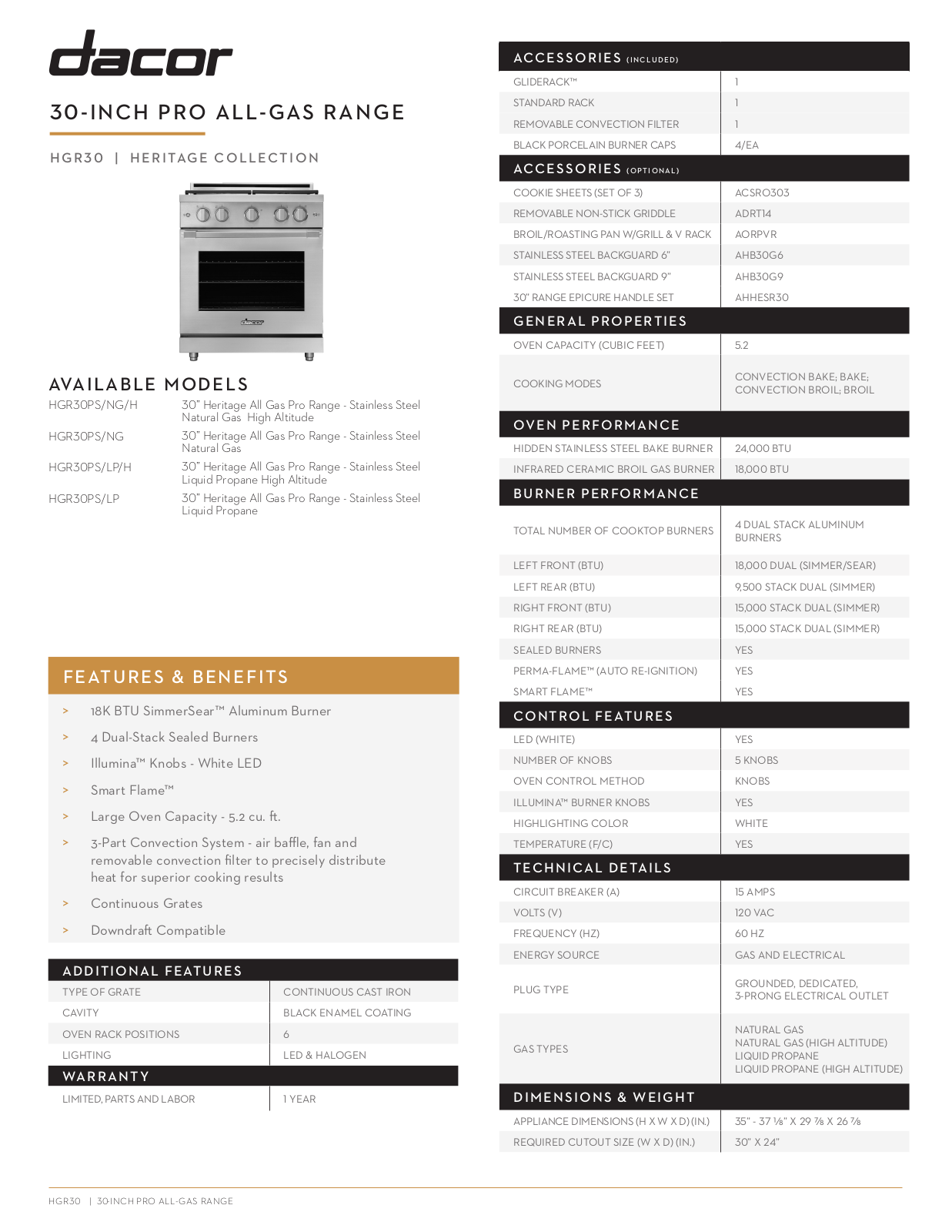 Dacor HGR30PSNGH Specifications