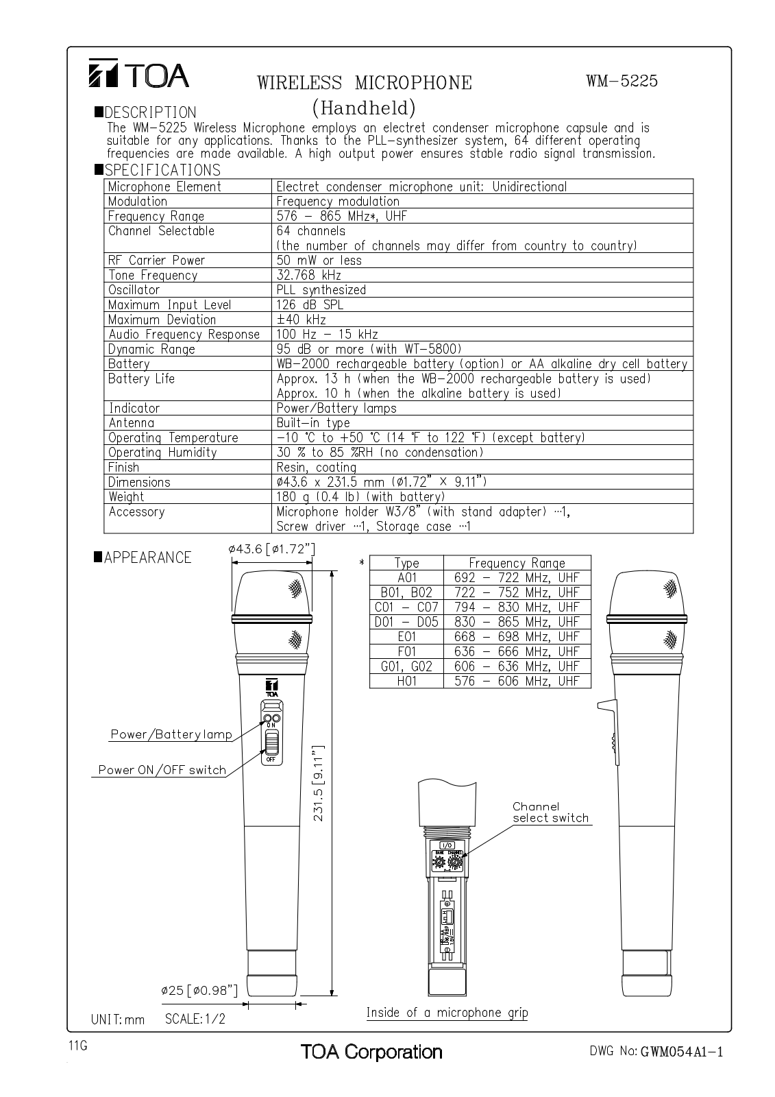 TOA WS-5225 Specifications