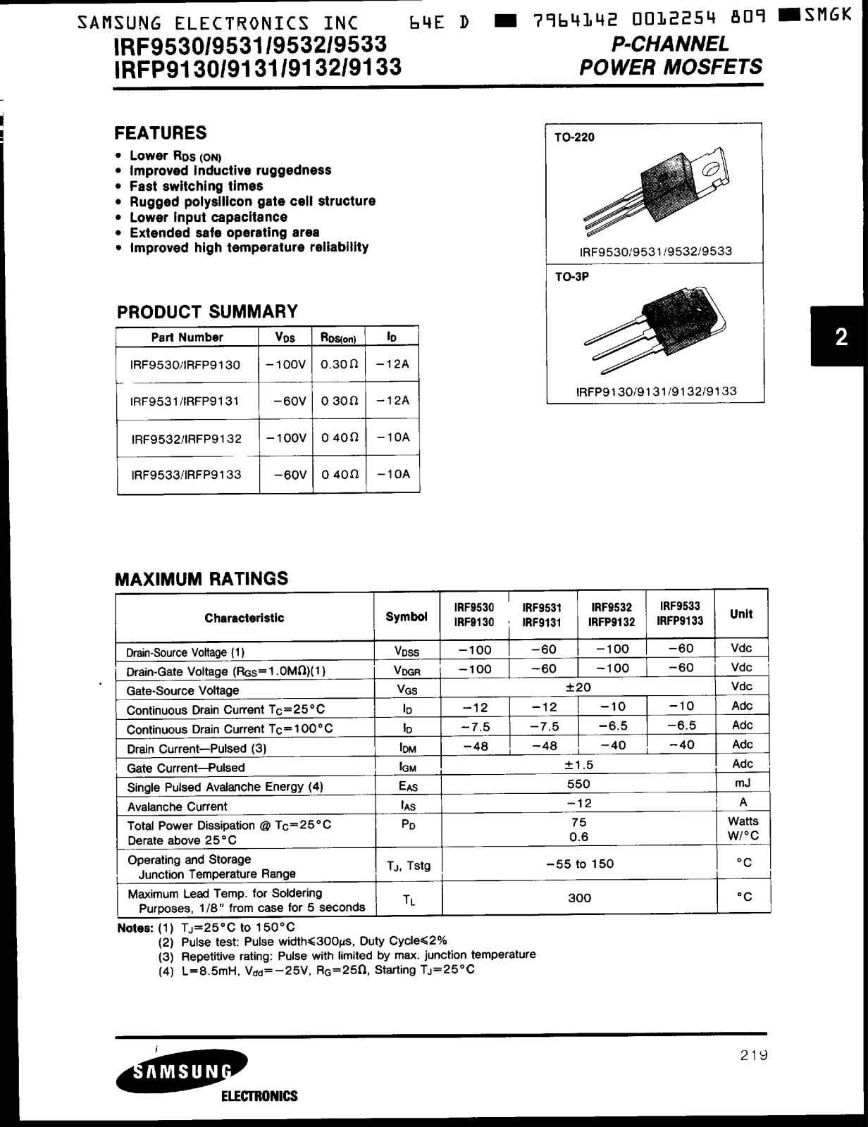 Samsung IRFP9133, IRFP9132, IRFP9131, IRF9532, IRF9531 Datasheet