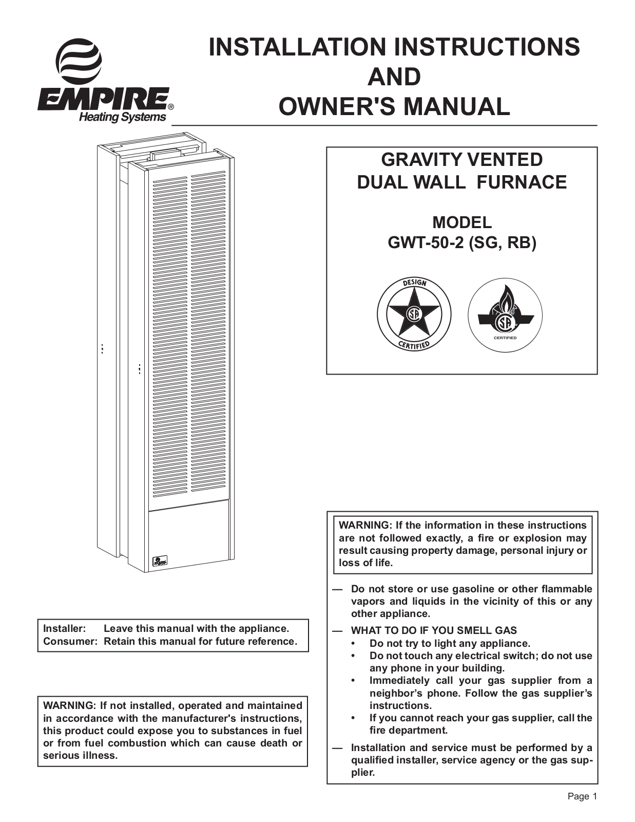 Empire Heating Systems GWT-50-2 SG, GWT-50-2RB Installation Instructions And Owner's Manual