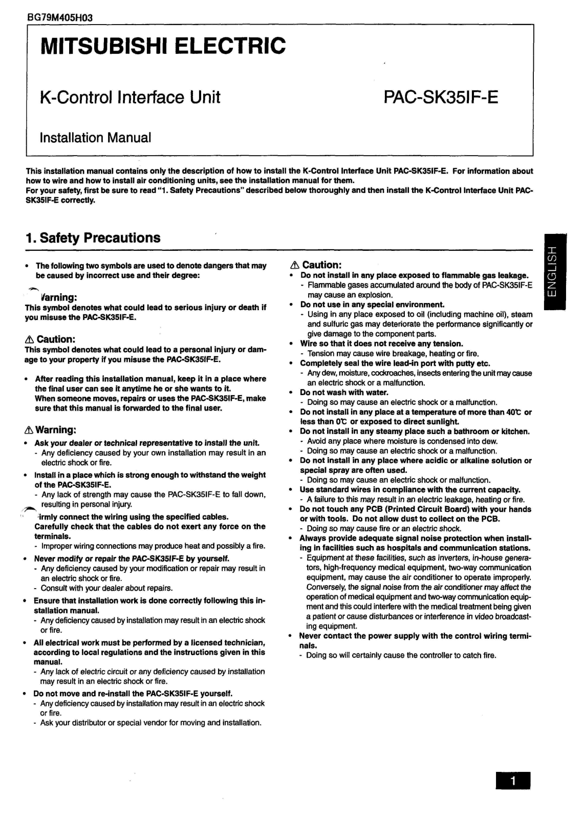 Mitsubishi PAC-SK35IF-E Installation Manual