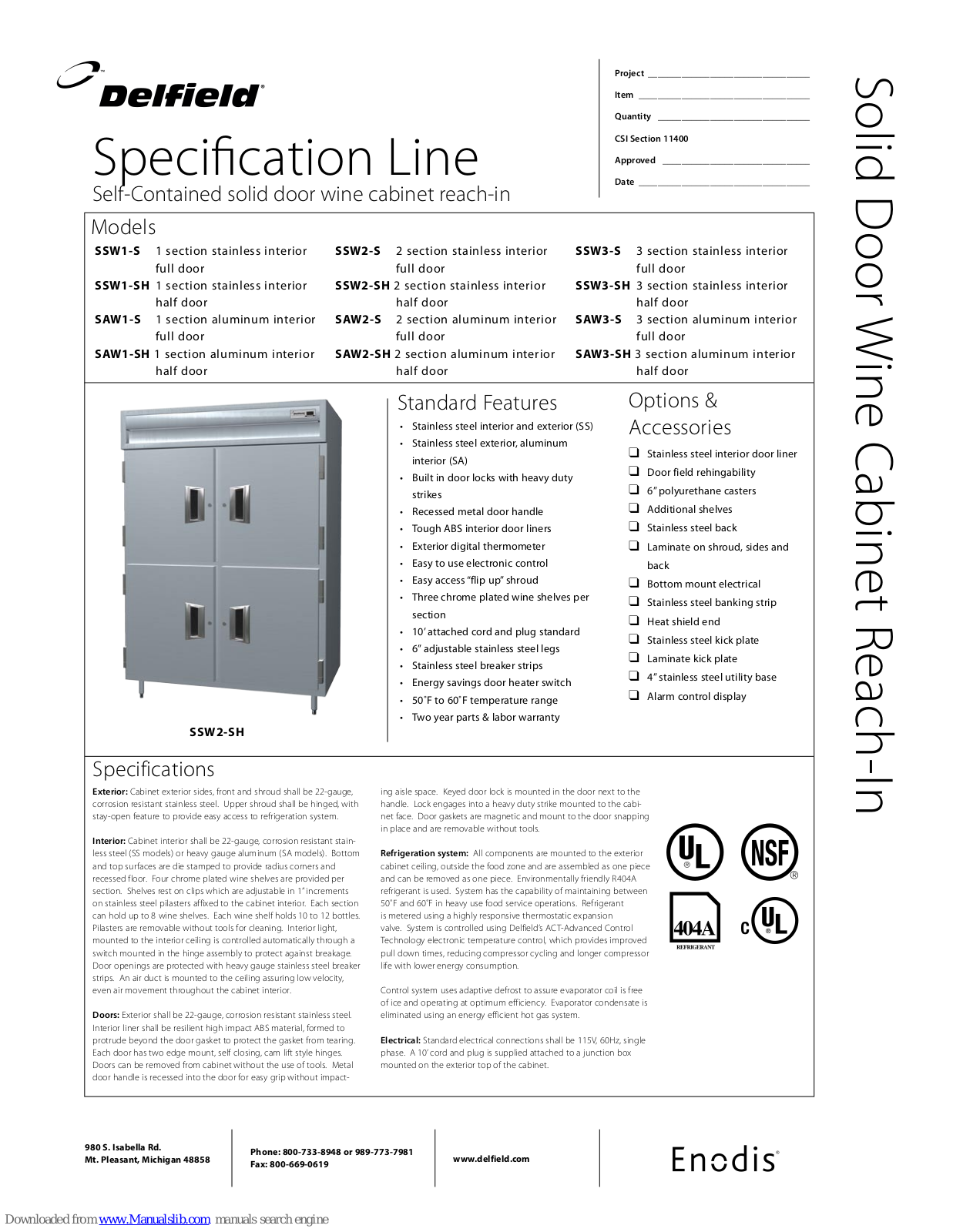 Delfield SAW1-S, SAW1-SH, SAW2-S, SAW2-SH, SAW3-S Specifications