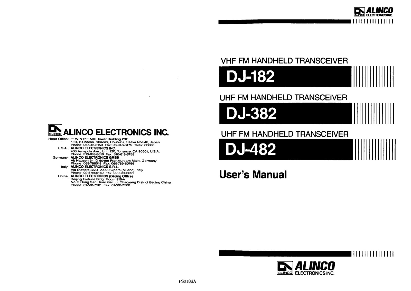 Alinco DJ-382, DJ-482, DJ-182 User Manual