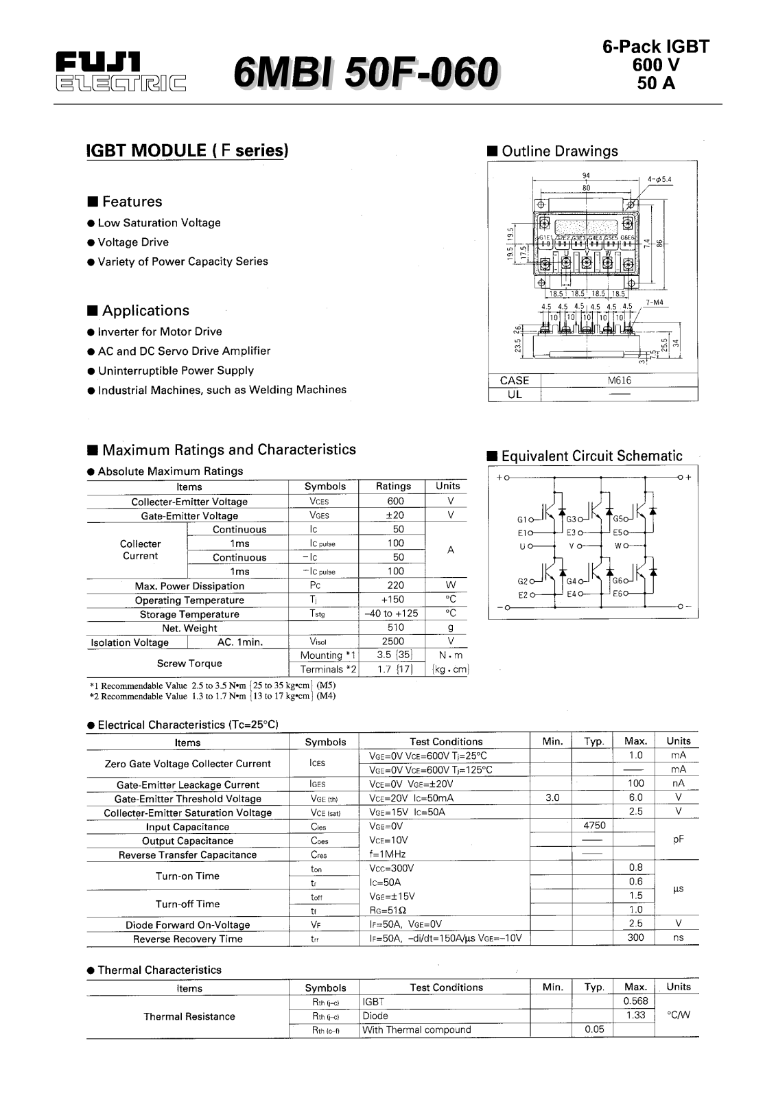 Fuji Electric 6MBI50F-060 Data Sheet