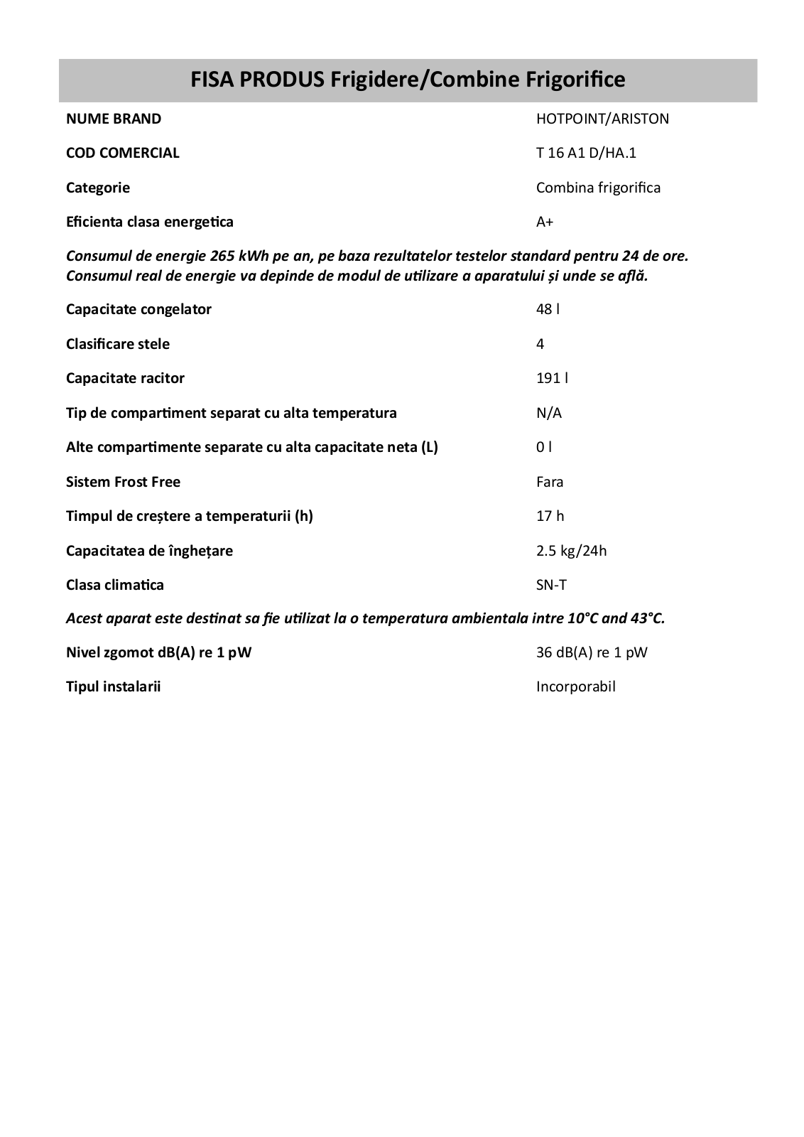 HOTPOINT/ARISTON T 16 A1 D/HA.1 product sheet