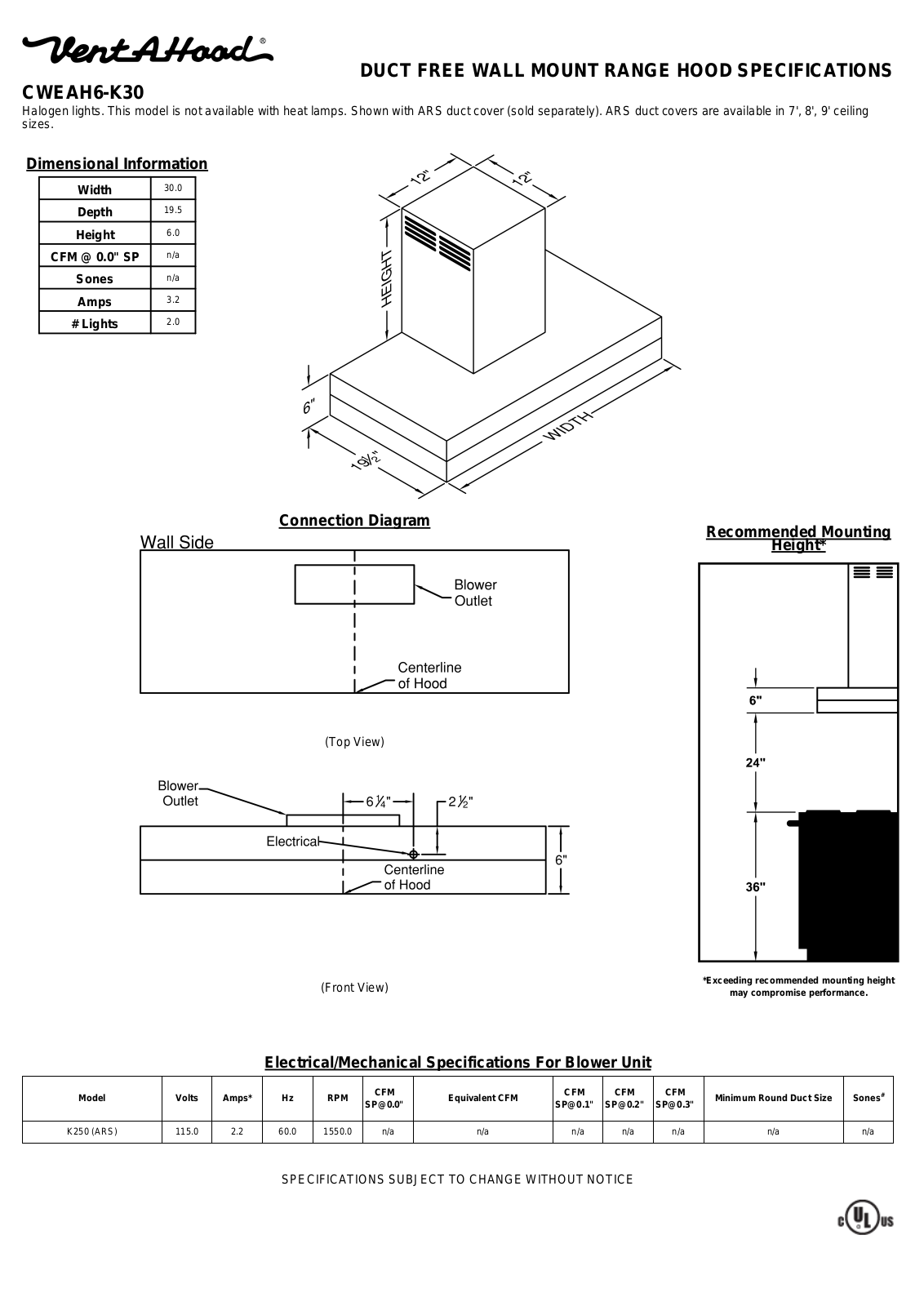 Vent-A-Hood CWEAH6-K30 SPECIFICATIONS