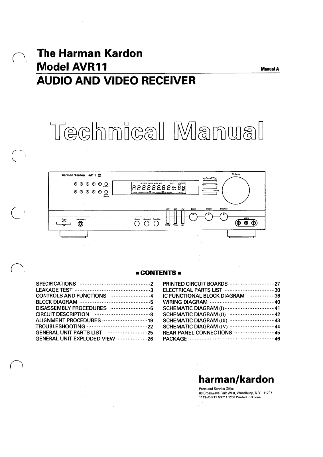 Harman Kardon AVR11 Technical manual