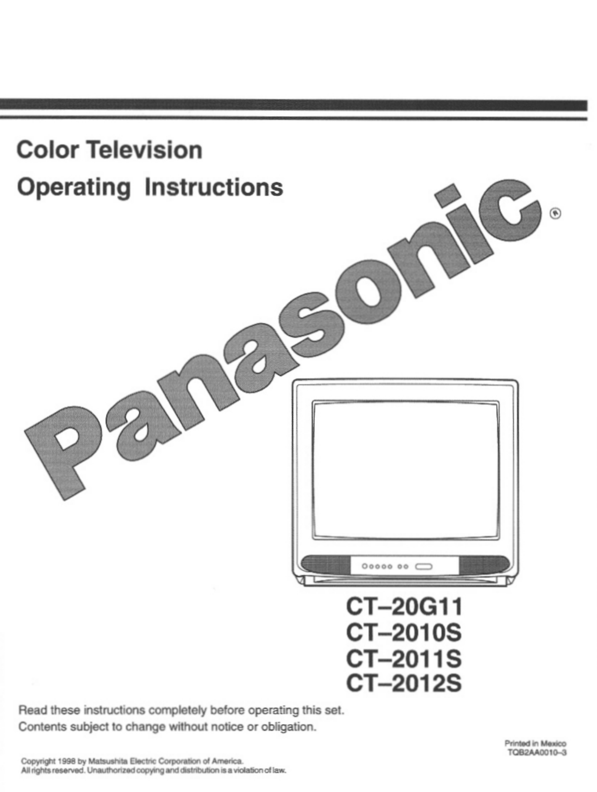 Panasonic CT-2011S, CT-2011SV, CT-2010SV, CT-2012S, CT-20G11 User Manual