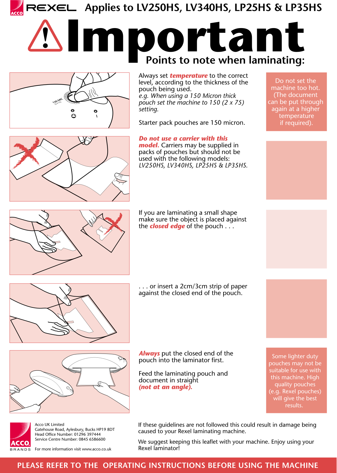 Acco LV340HS, LV250HS, LV25HS, LV35HS Important notes