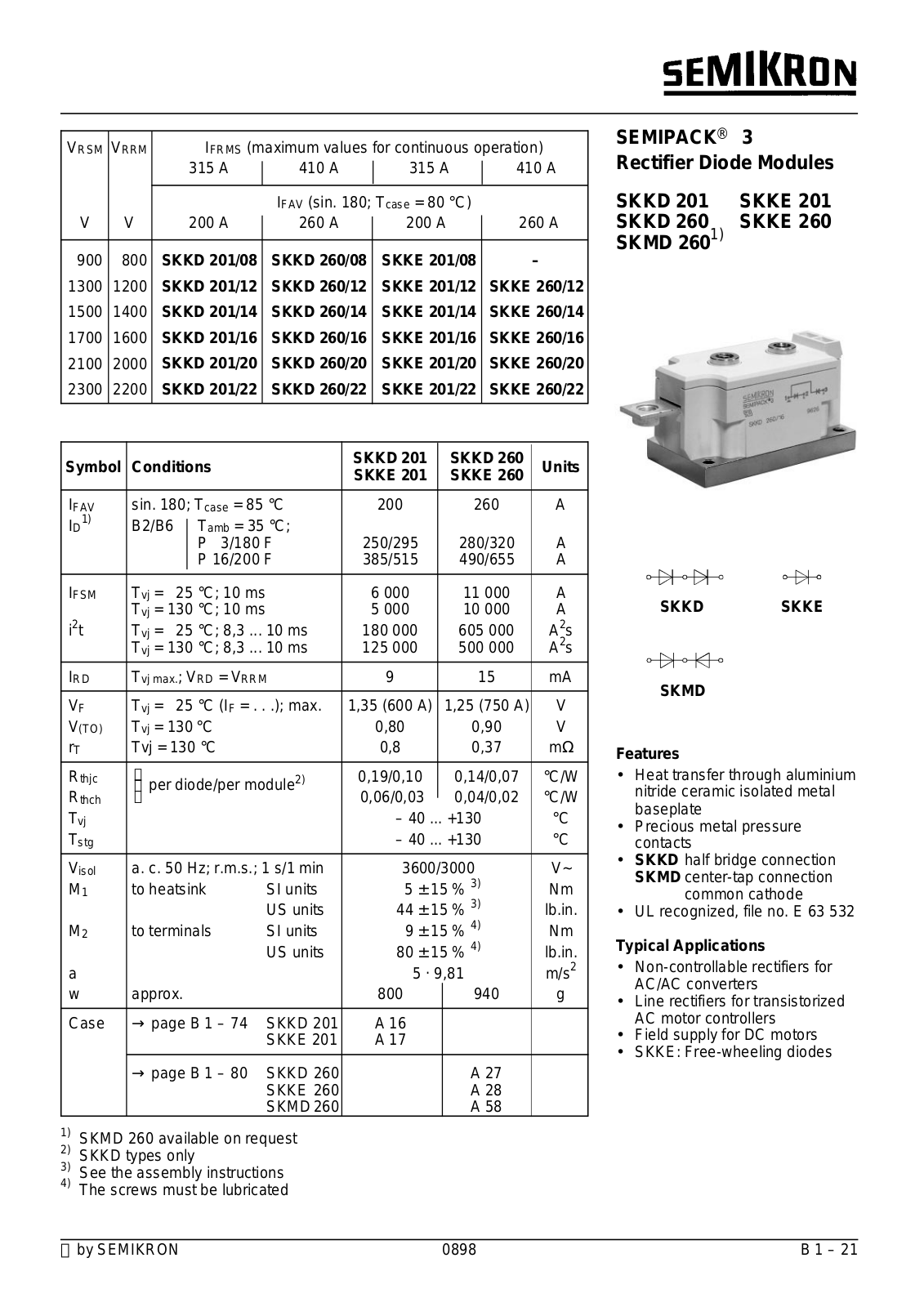 Datasheet SKKD 201, SKKE 201, SKKD 260, SKKE 260, SKMD 260 DataSheet (Semikron) - ManualMachine.com