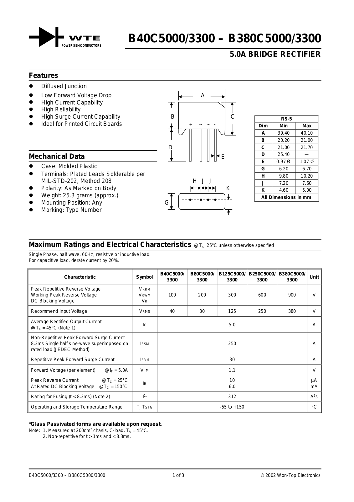 WTE B80C3300, B80C5000, B40C5000, B40C3300, B380C5000 Datasheet