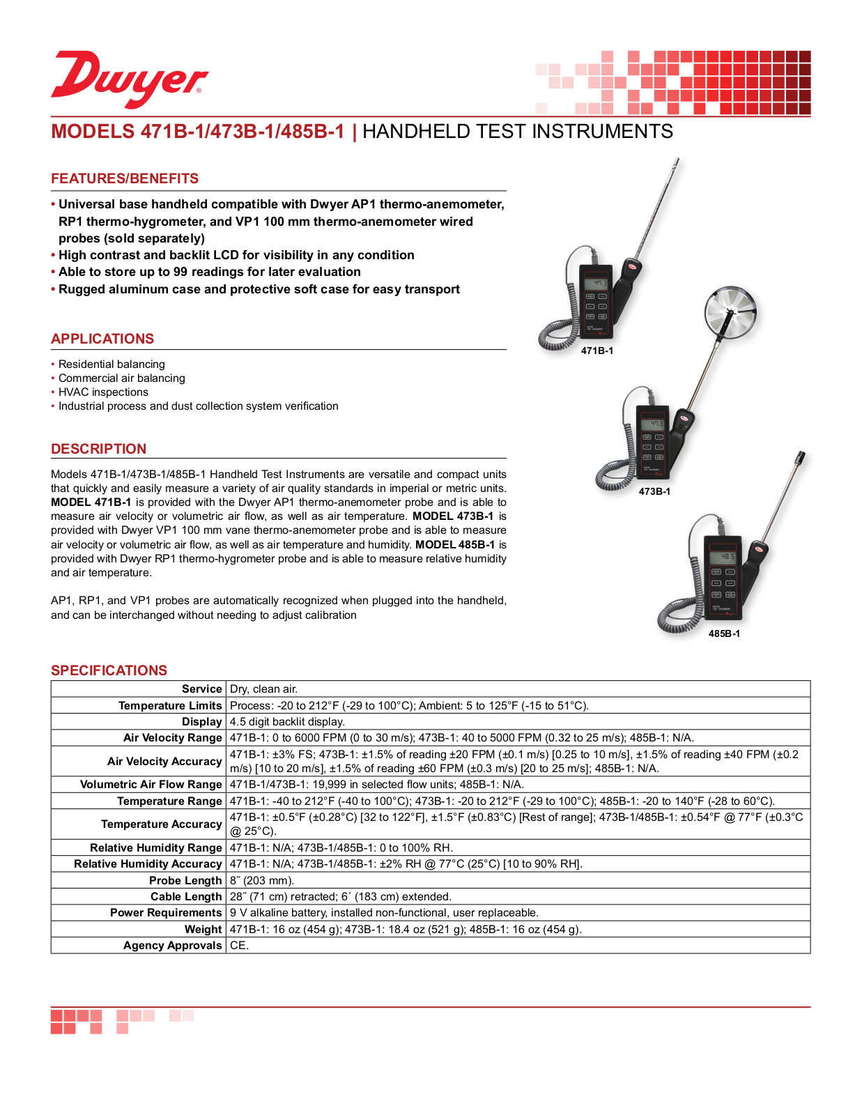 Dwyer Instruments 471B-1, 485B-1 Data Sheet