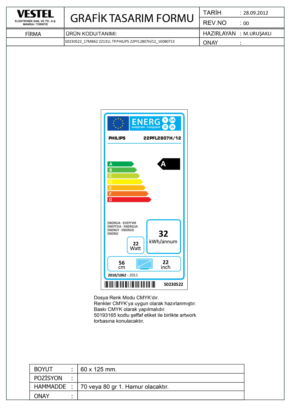 Philips 22PFL2807H/12 Europeen Energy Label - GLOBAL