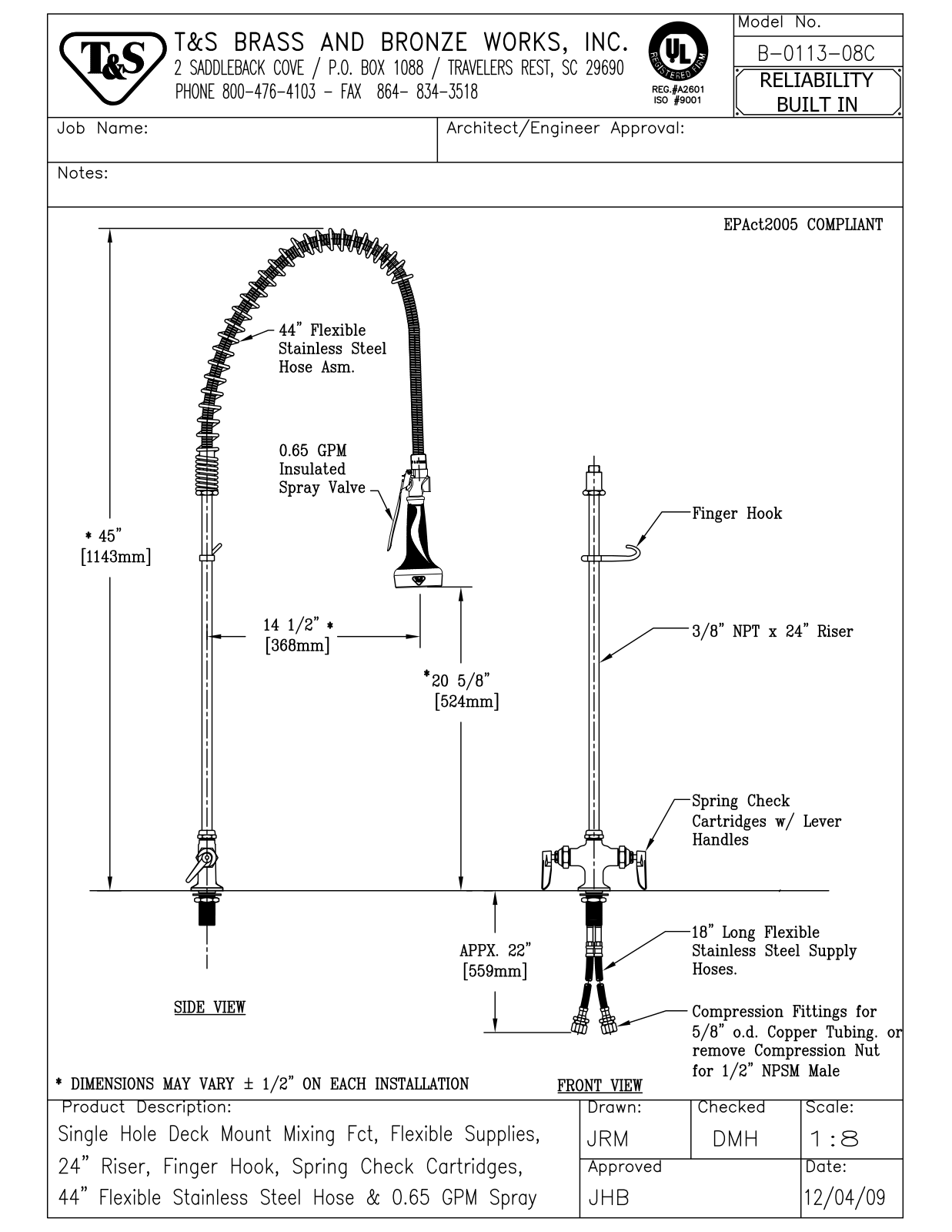 T&S Brass B-0113-08C User Manual