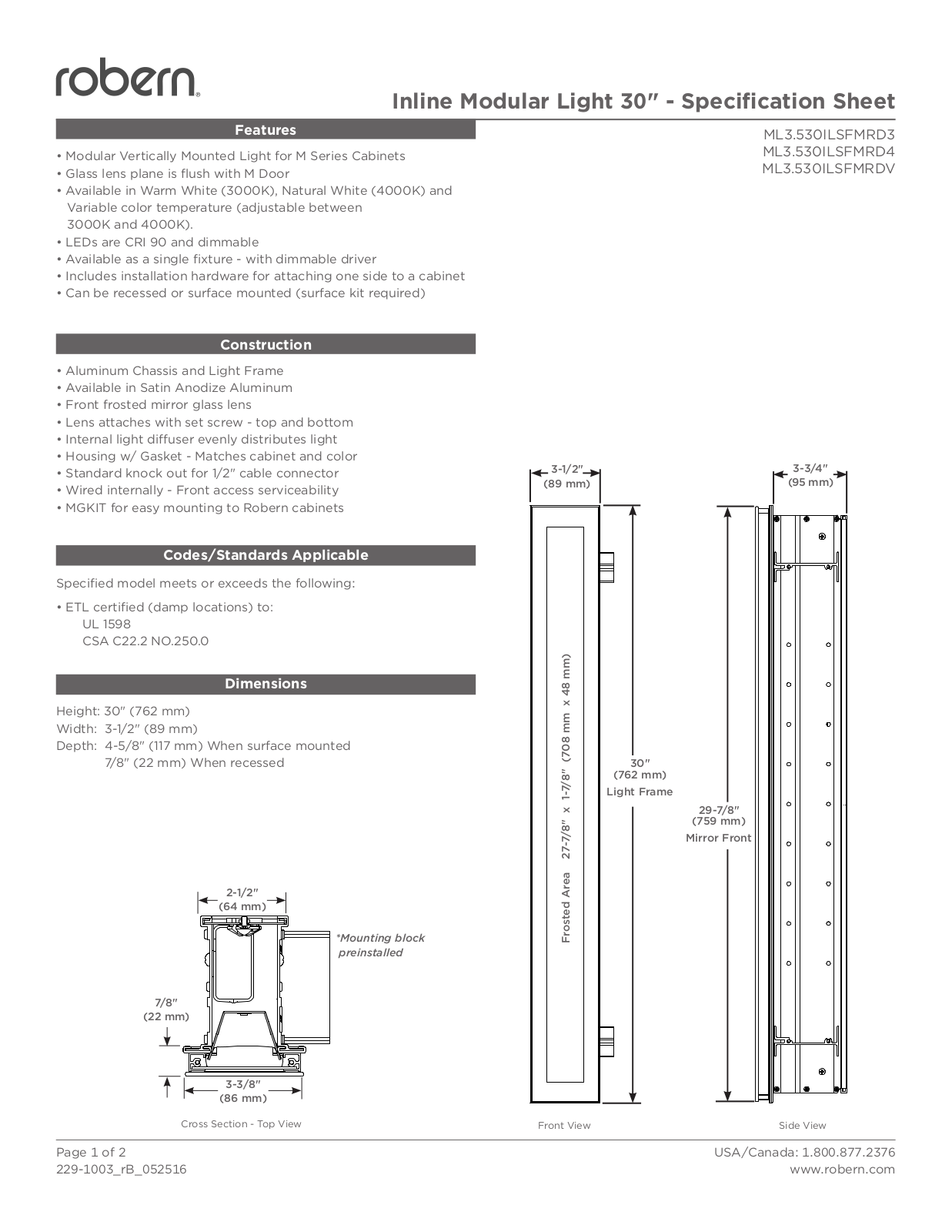 Robern ML3530ILSFMRDV Specifications