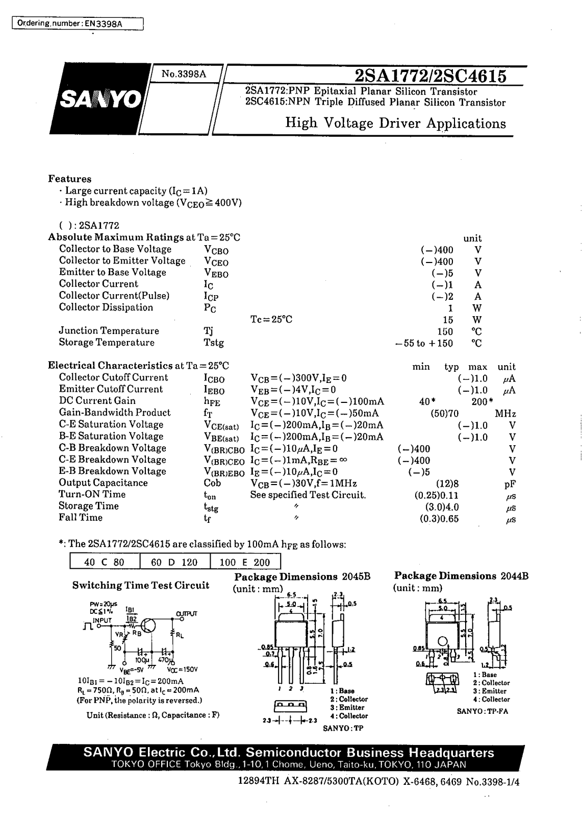 SANYO 2SC4615, 2SA1772 Datasheet