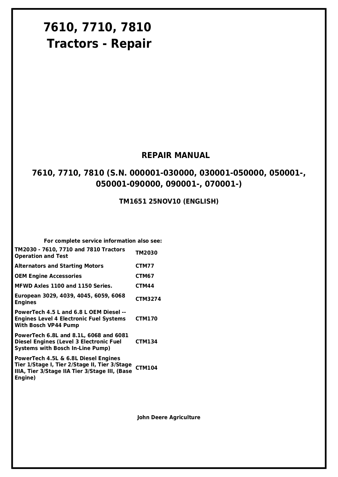 John Deere 7610, 7710, 7810 Repair Manual